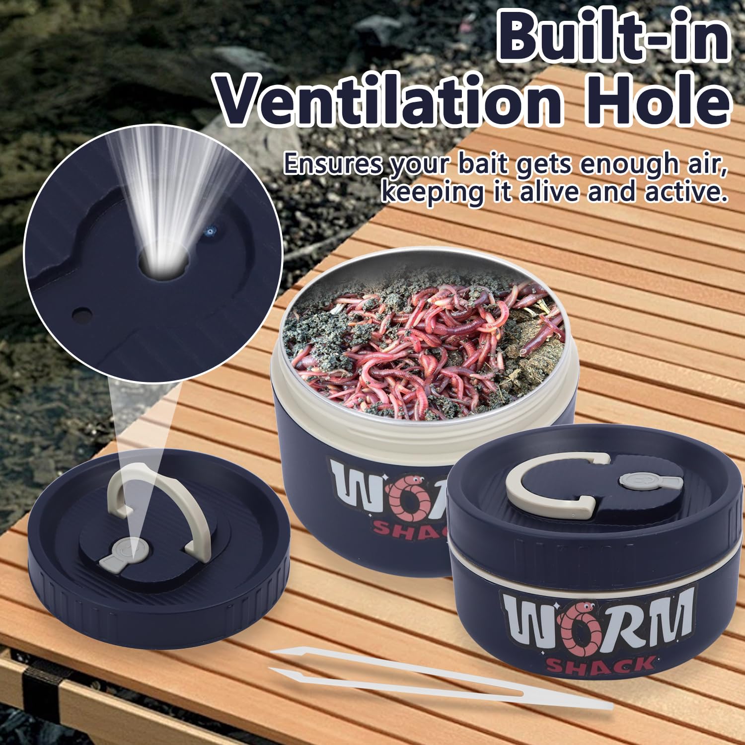 VKVXCLON 2Pcs Live Bait Storage,Fishing Bait Container, Stainless Steel Worm Storage Box, Nightcrawler Box, Bait Tank, Compact and Durable,Small and Portable, Keeps Bait Fresh and Alive (Blue)