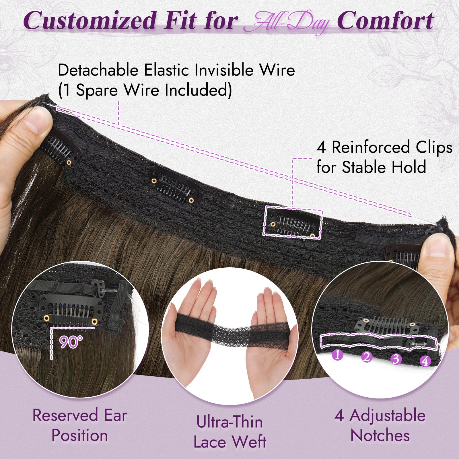 BARSDAR 2 Piezas Hilo Invisible Extensiones de Cabello, 50cm Ondulado Layered Sintética Clip in Marrón Hair Extensions para Mujer Aspecto Natural Lace Weft Invisible Wire Postizos, Chocolate Marrón