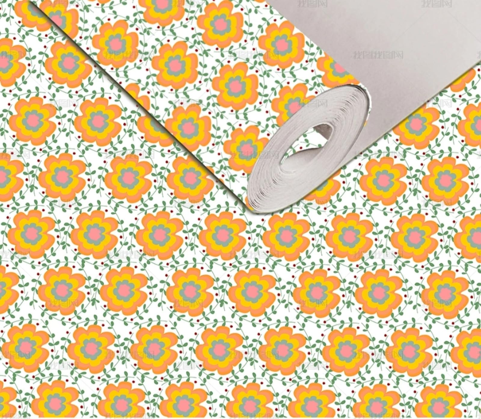 Papier Peint Autocollant Aquarelle Fleurs et Plantes 45x300cm en Vinyle Imperméable pour Meuble