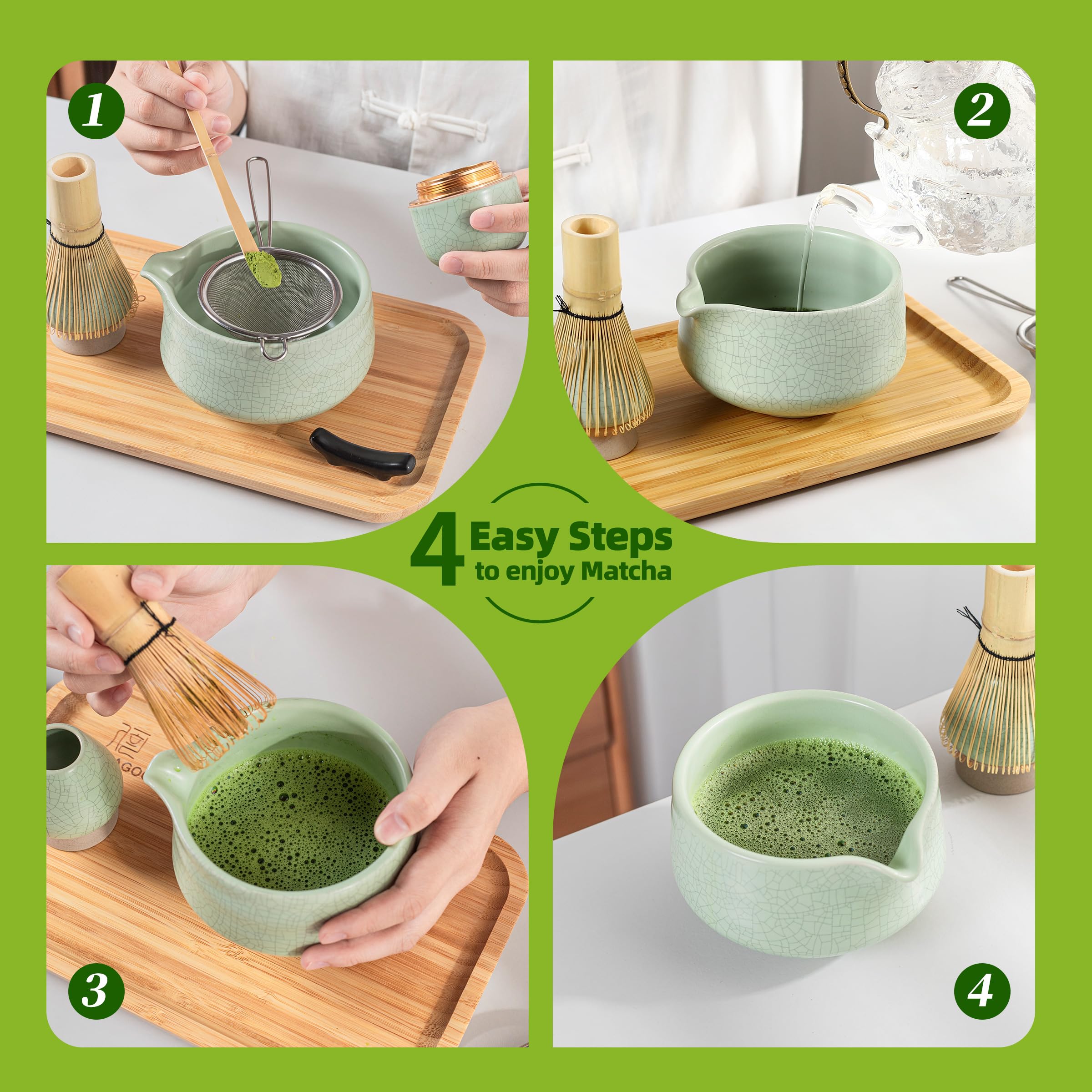 TEANAGOO Japoński zestaw do herbaty, zestaw do trzepaczki matcha, miska do matcha bambusowa trzepaczka do matcha (Chasen), miarka (chashaku), uchwyt na trzepaczkę matcha, zestaw do robienia herbaty