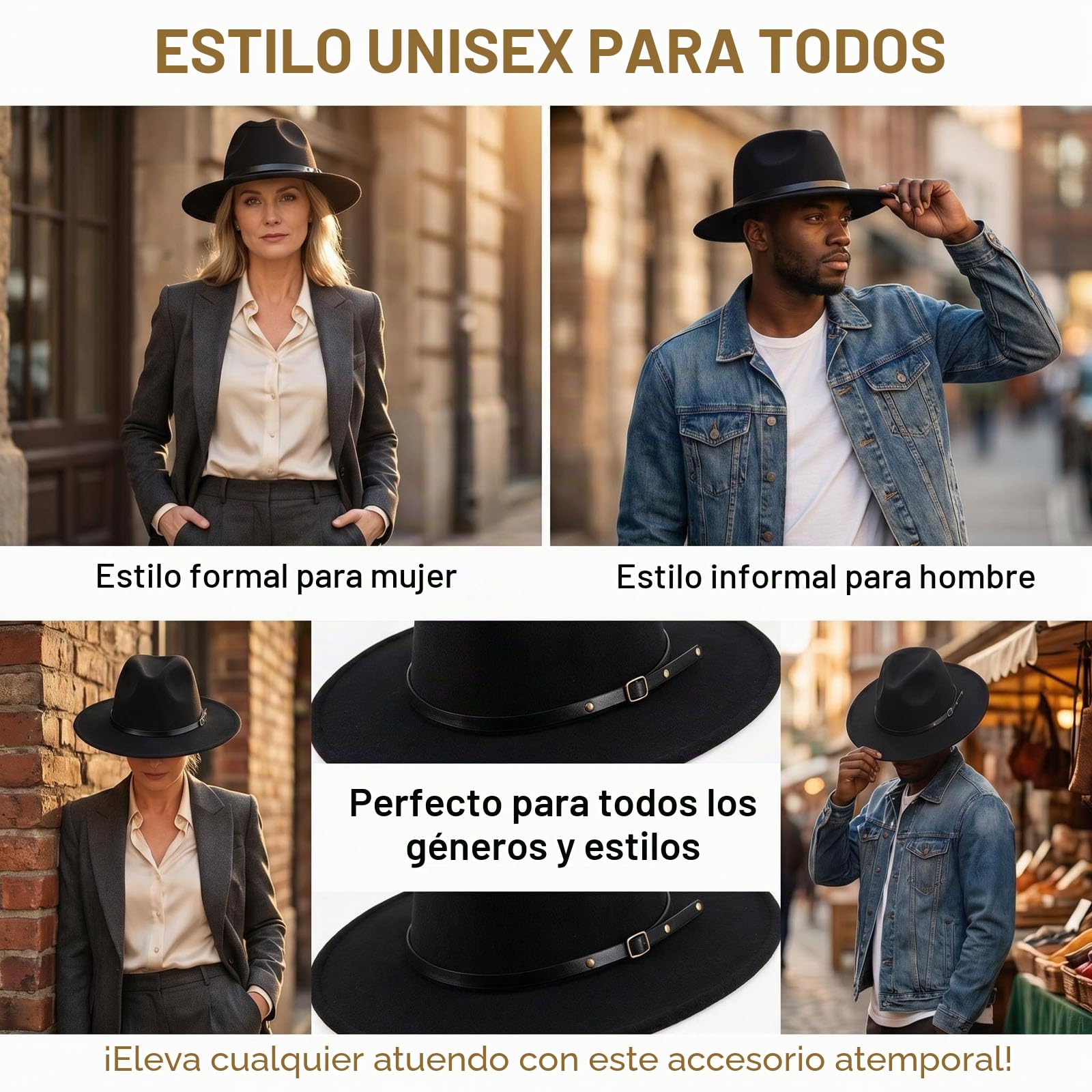 QUUPY Sombrero de jazz clásico para mujeres y hombres, sombrero estilo fedora de ala ancha con hebilla de cinturón de cuero, sombrero de fieltro de Panamá Gatsby, color negro