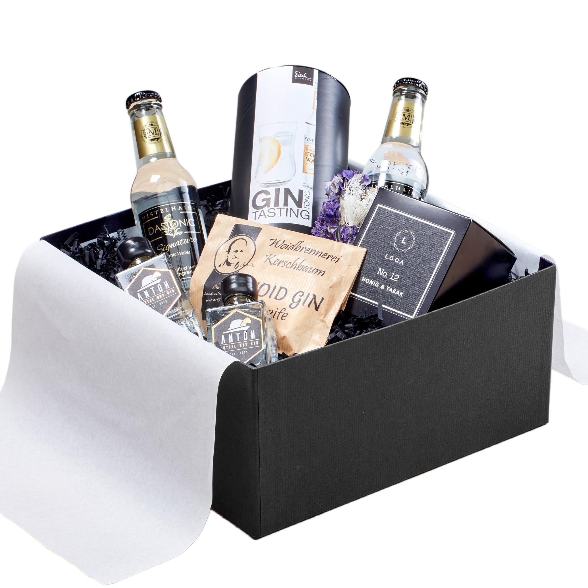 GIN GIN! Geschenk für Gin-Liebhaber - handdestillierter Dry Gin aus Bayern mit Tonic Water - Sojawachskerze Honig & Tabak - Eisch Gin Tonic Glasset mundgeblasen - Woid-Gin-Naturseife vegan