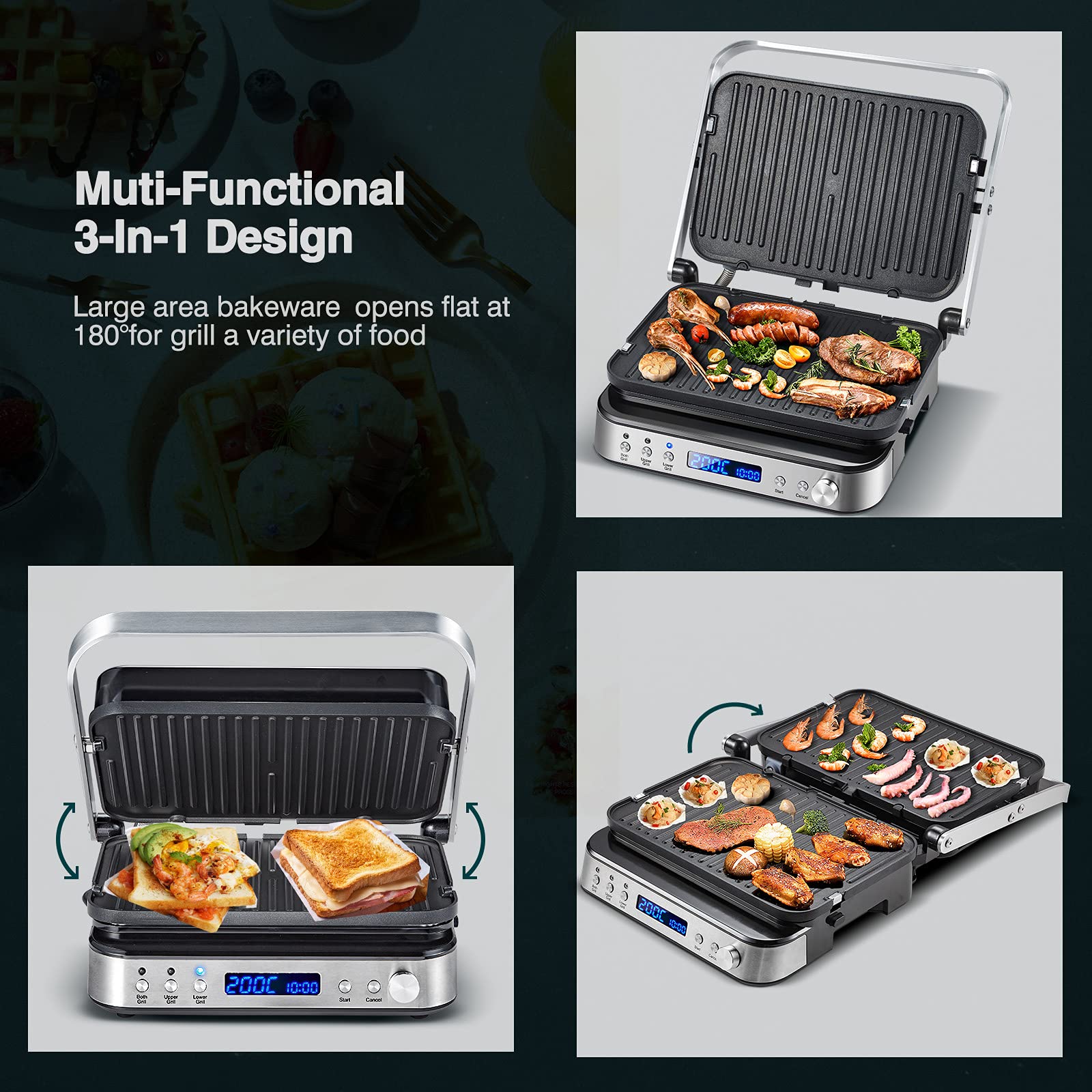 Buy AMZCHEF 2000W 3 in 1 Health Grill Griddle Panini Press/Sandwich