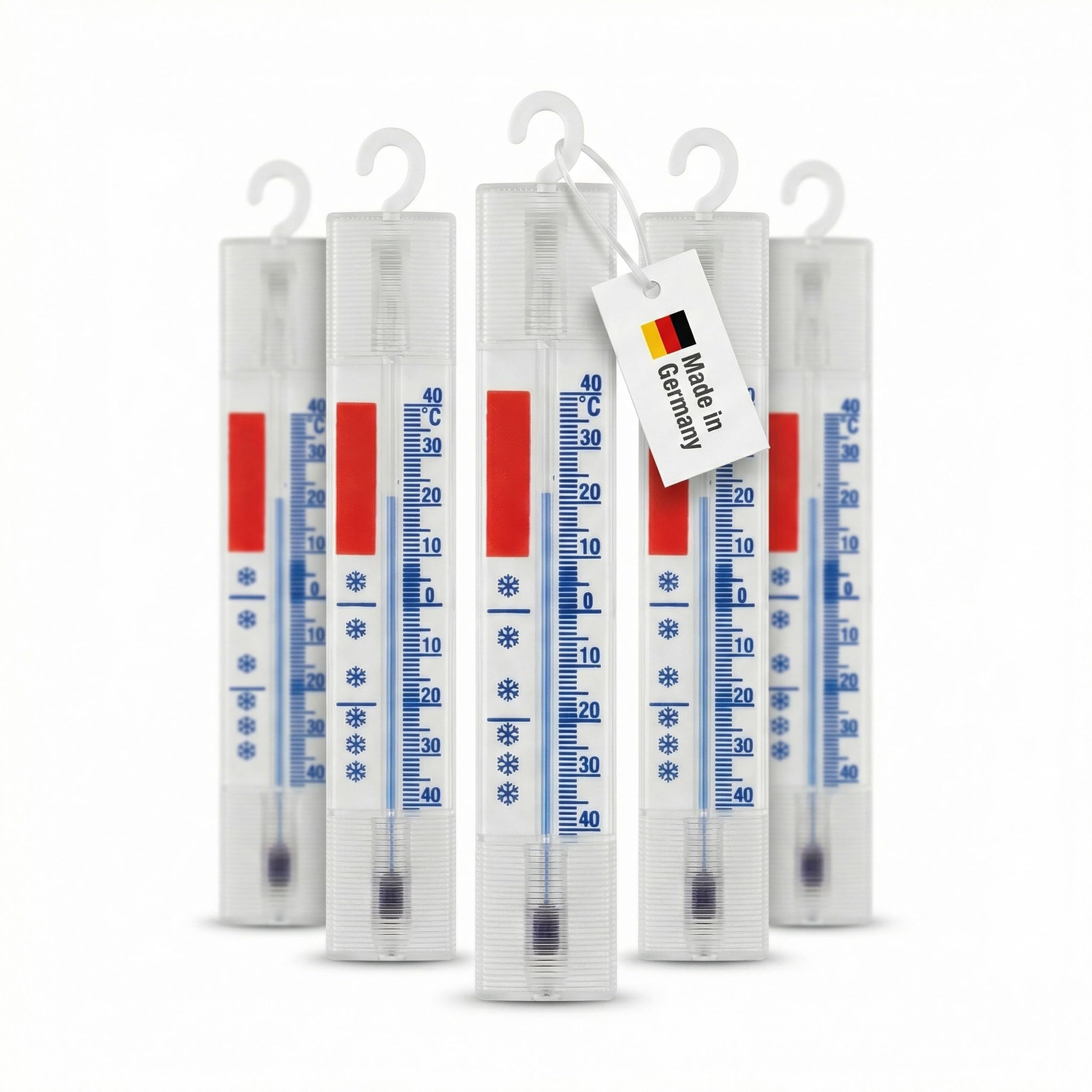 Lantelme 5 Stück Kühlschrankthermometer Set Temperatur + - 40°C Analog | Thermometer mit Haken zum Aufhängen | Für Gefrierschrank Kühltheke und Gefriertruhe | Deutsche Herstellung