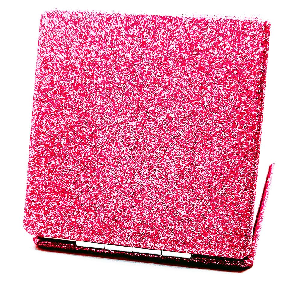Square Pink Compact Mirror for Women,Small Magnifying Travel Mirror with Glitter,Portable 2 x 1x Magnification Folding Pocket Makeup Mirror Cosmetic Mirror for Gift Travel Essentials