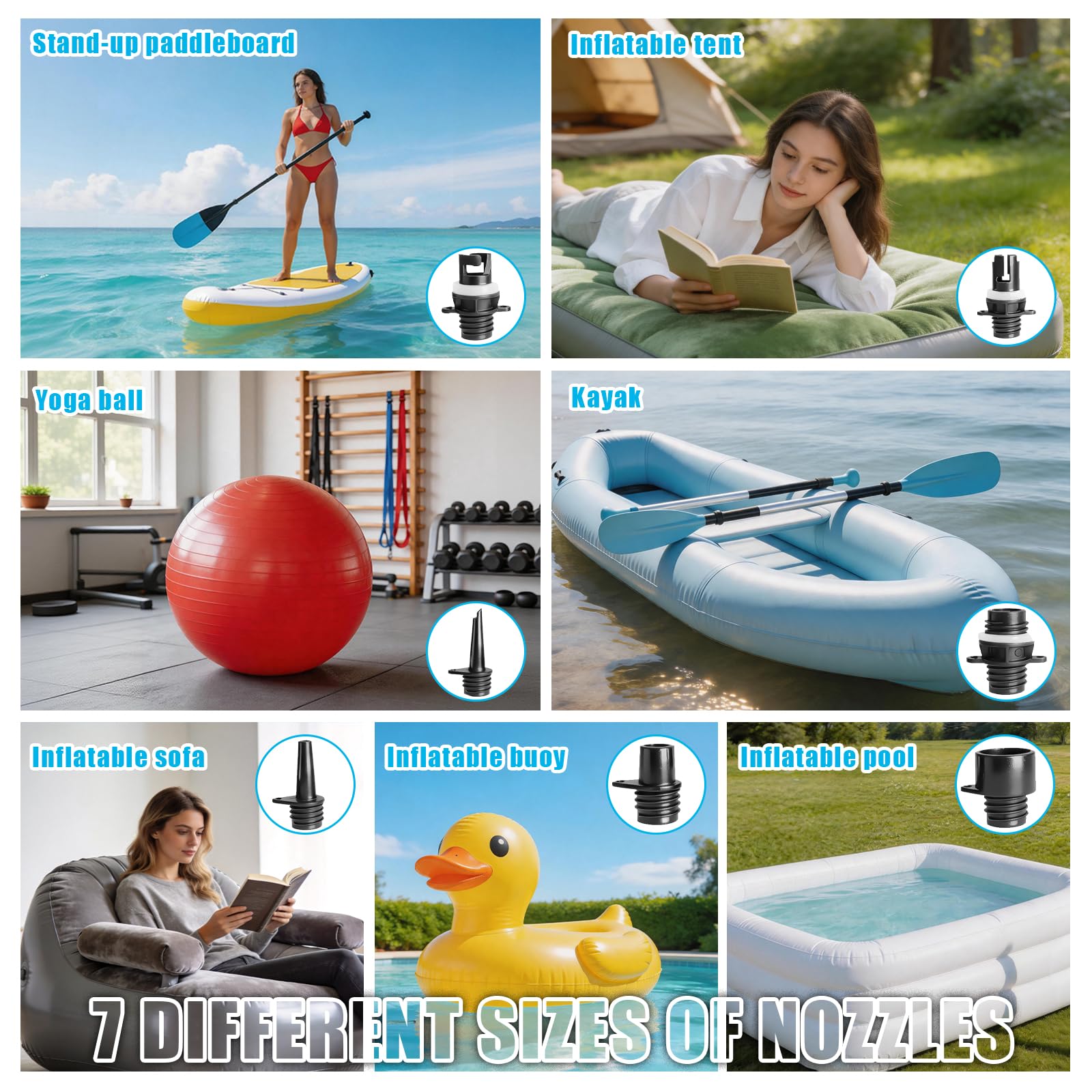 Zestaw adapterów do pompy SUP, nadmuchiwany wąż powietrzny do pompy SUP z 7 końcówkami do zaworów powietrza, elektryczna pompa powietrza SUP akcesoria do łodzi gumowej, nadmuchiwane łóżko, deska Stand