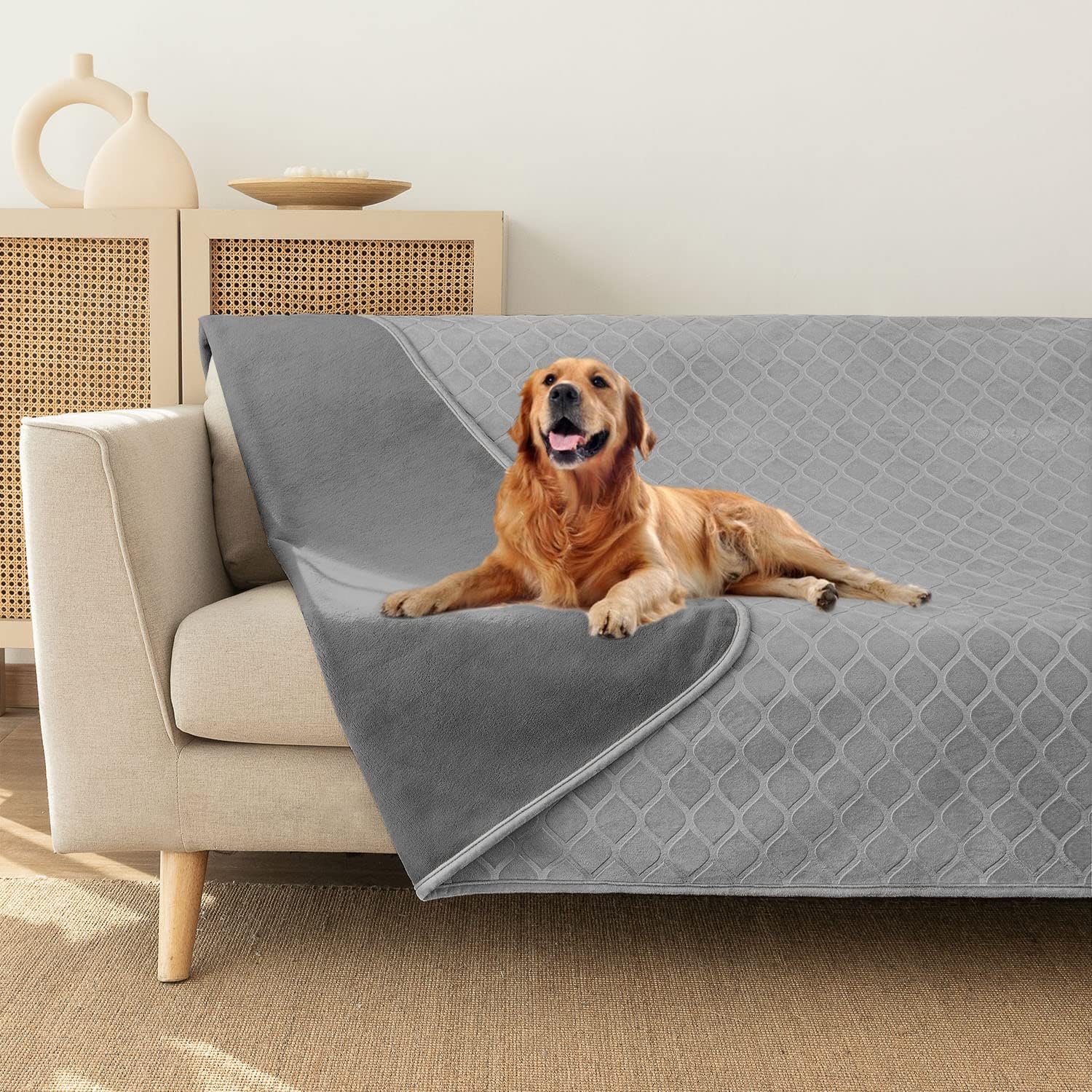 fuguitex Manta impermeable para perro, terciopelo de cristal, marroquí, mullida, acogedora, manta de felpa para sofá (82 x 82 pulgadas, gris claro + gris)