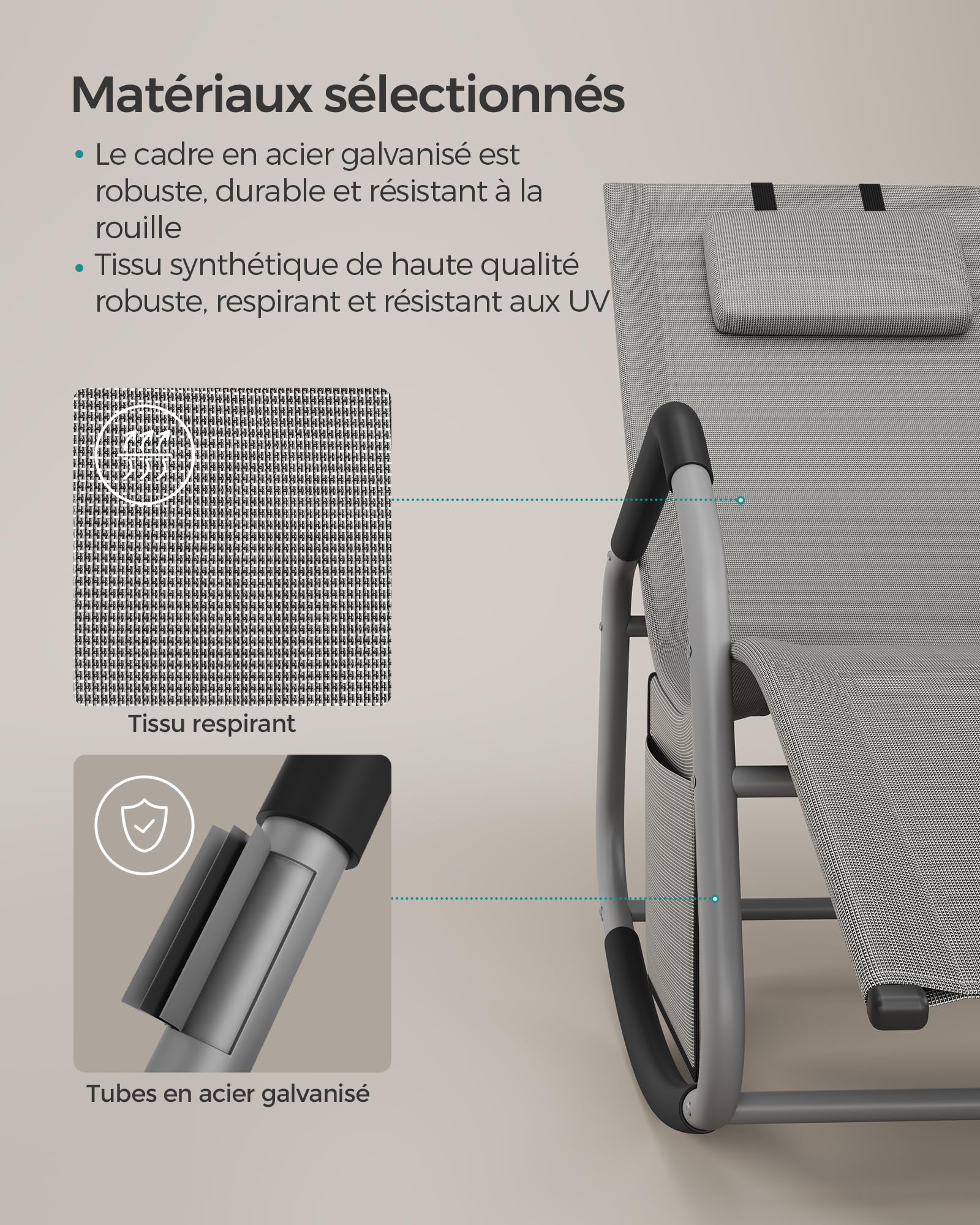 SONGMICS Fauteuil à Bascule avec Appui-tête Réglable, Chaise Longue Anti-Renversement, Cadre en Acier, Tissu Respirant, Poche, pour Jardin, 151 x 56,2 x 97,3 cm, Gris Tourterelle GCB230G01
