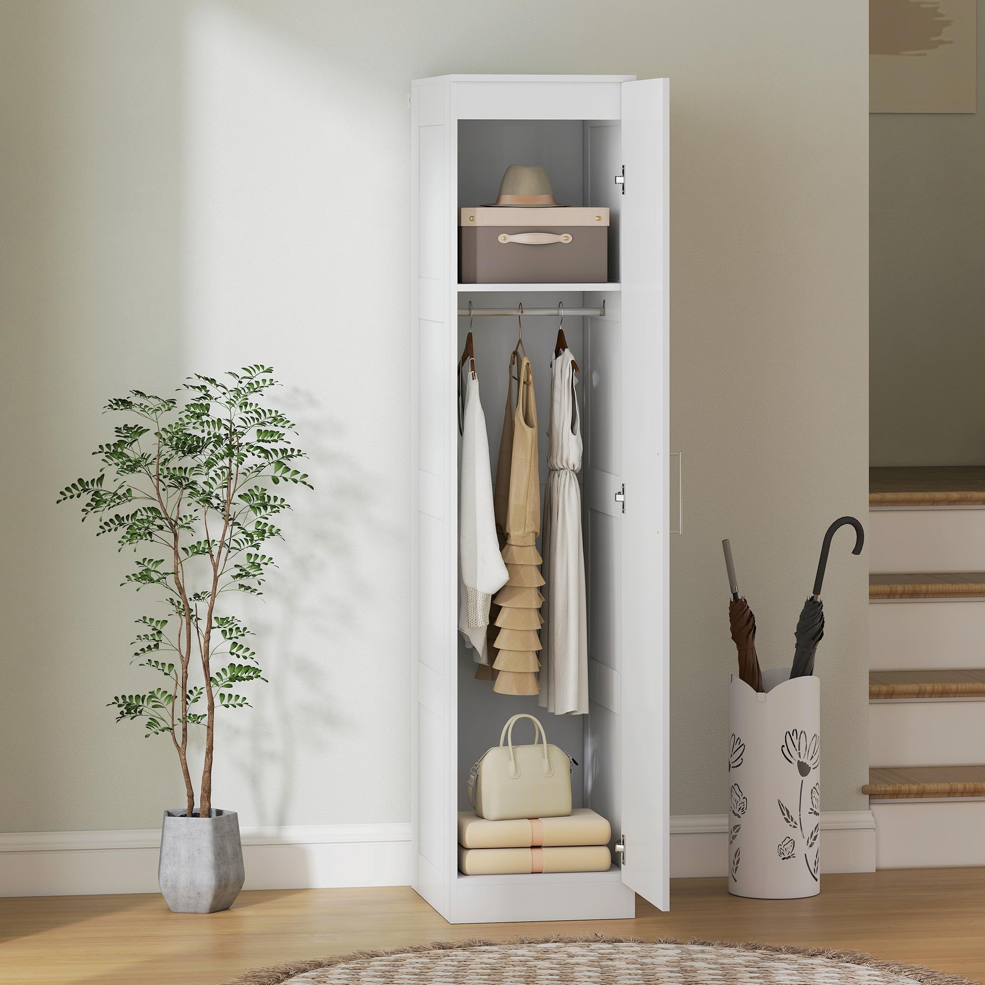 HOMCOM Kleiderschrank Mehrzweckschrank mit Kleiderstange, Regal, Soft-Close-Tür Garderobenschrank Schrank Drehtürenschrank für Schlafzimmer 40 x 52 x 180 cm Weiß