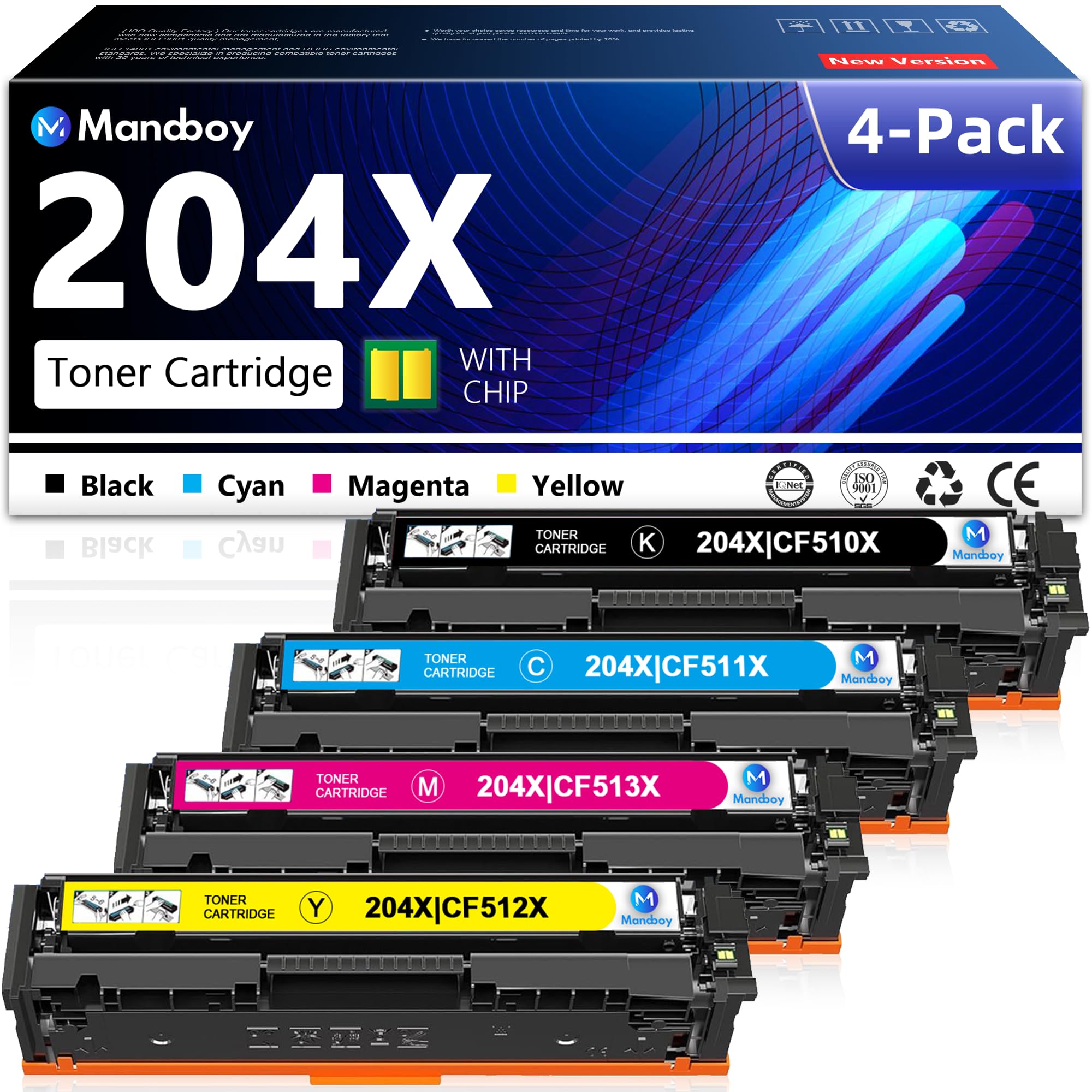 204A 204X CF510X CF511X CF512X CF513X Toner Cartridges 4 Pack Replacement for HP 204X 204A for Color Laserjet Pro MFP M180nw M180n M181fdw M181fw M154
