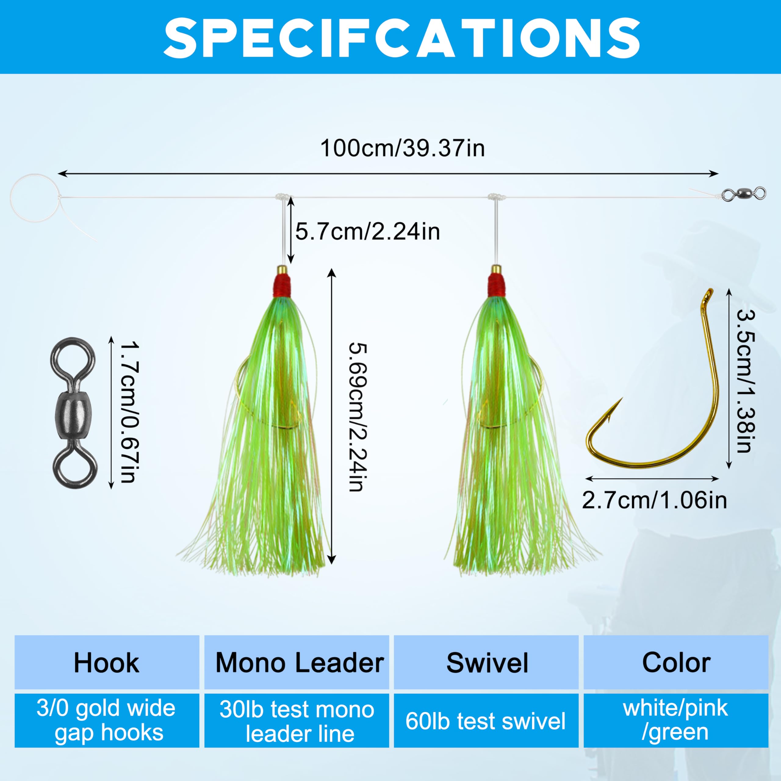 Bucktail Teaser Rigs, 3/6 Stück Fluke Flunder Rigs handgeknüpfte Seebarsch Hi Lo Rig Angelköder Rigs Salzwasser mehrfarbige Mylar Bucktail Teaser Haken für Surfen Ozeanangeln