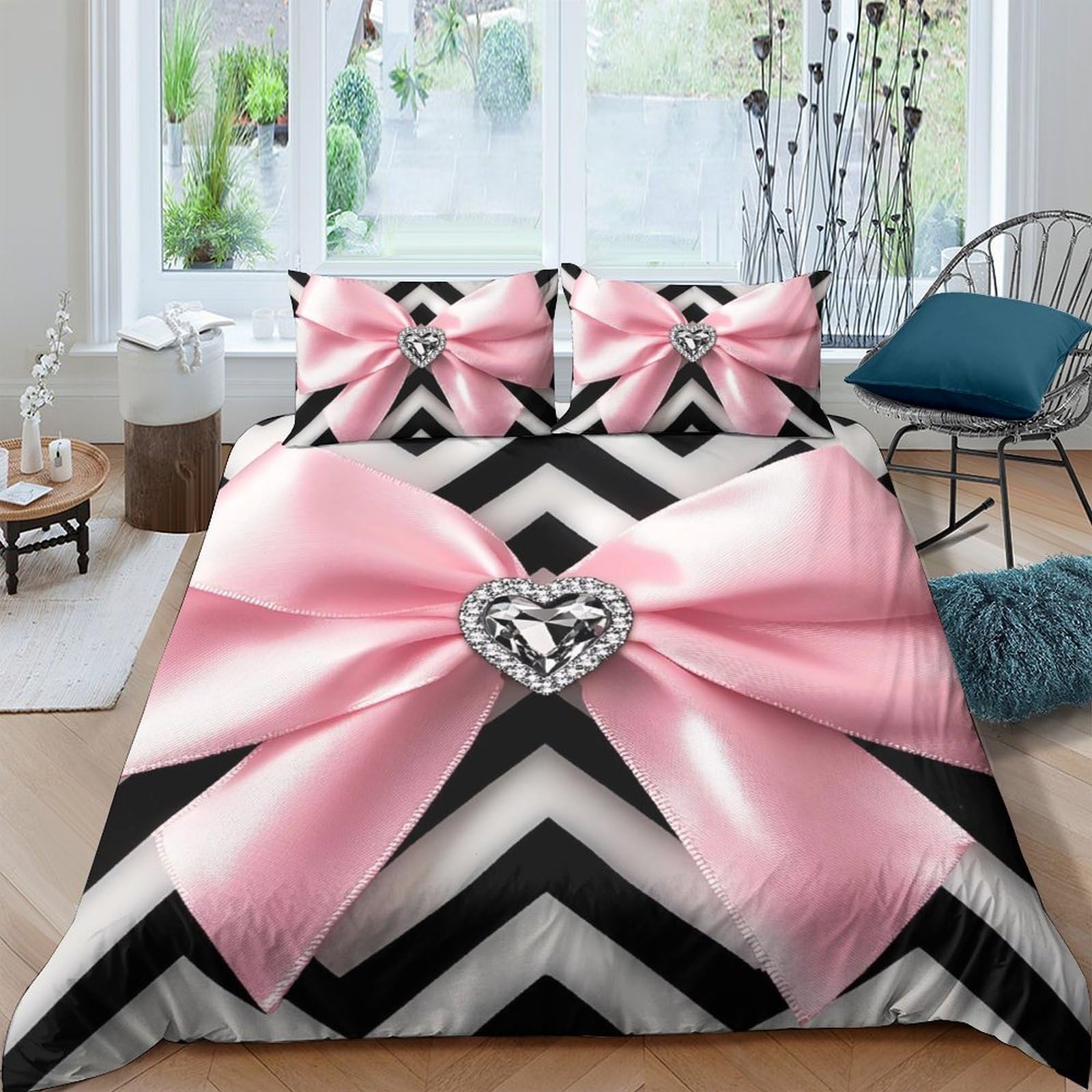 Ctjqhvkz Style-3 3D Printed Pink Bow Heart Fitted Sheet Microfiber Soft Chevron Stripe Bed Cover For Bedroom Guest Room Decor Single（135X200cm）