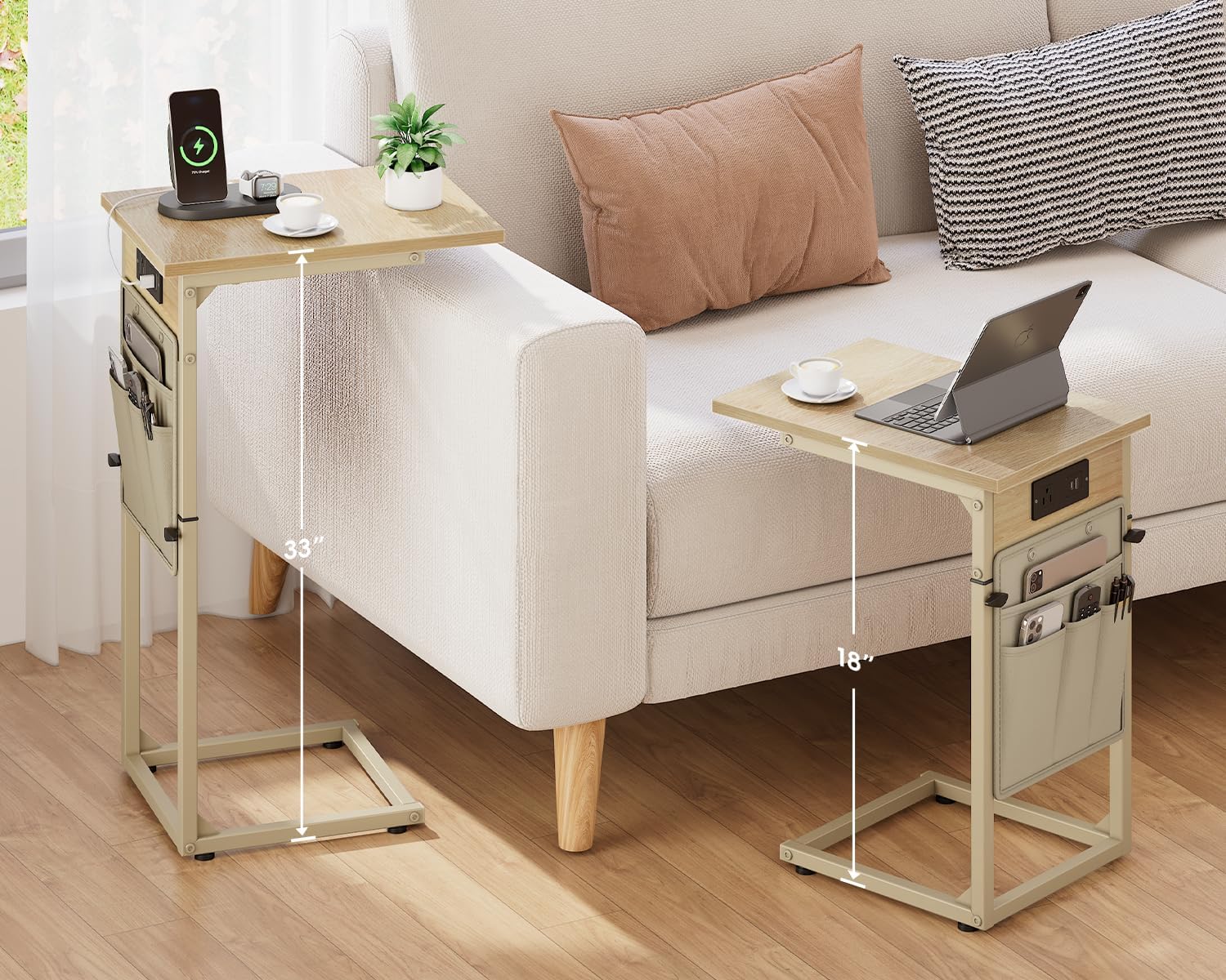 Vagusicc C Shaped End Table with Charging Station, Adjustable Height C Table End Table, Small Side Table for Couch, Couch Table Slide Under Sofa Table TV Tray Arm Table for Living Room,Bedroom,Natural Natural Walnut With Plug 1pcs 