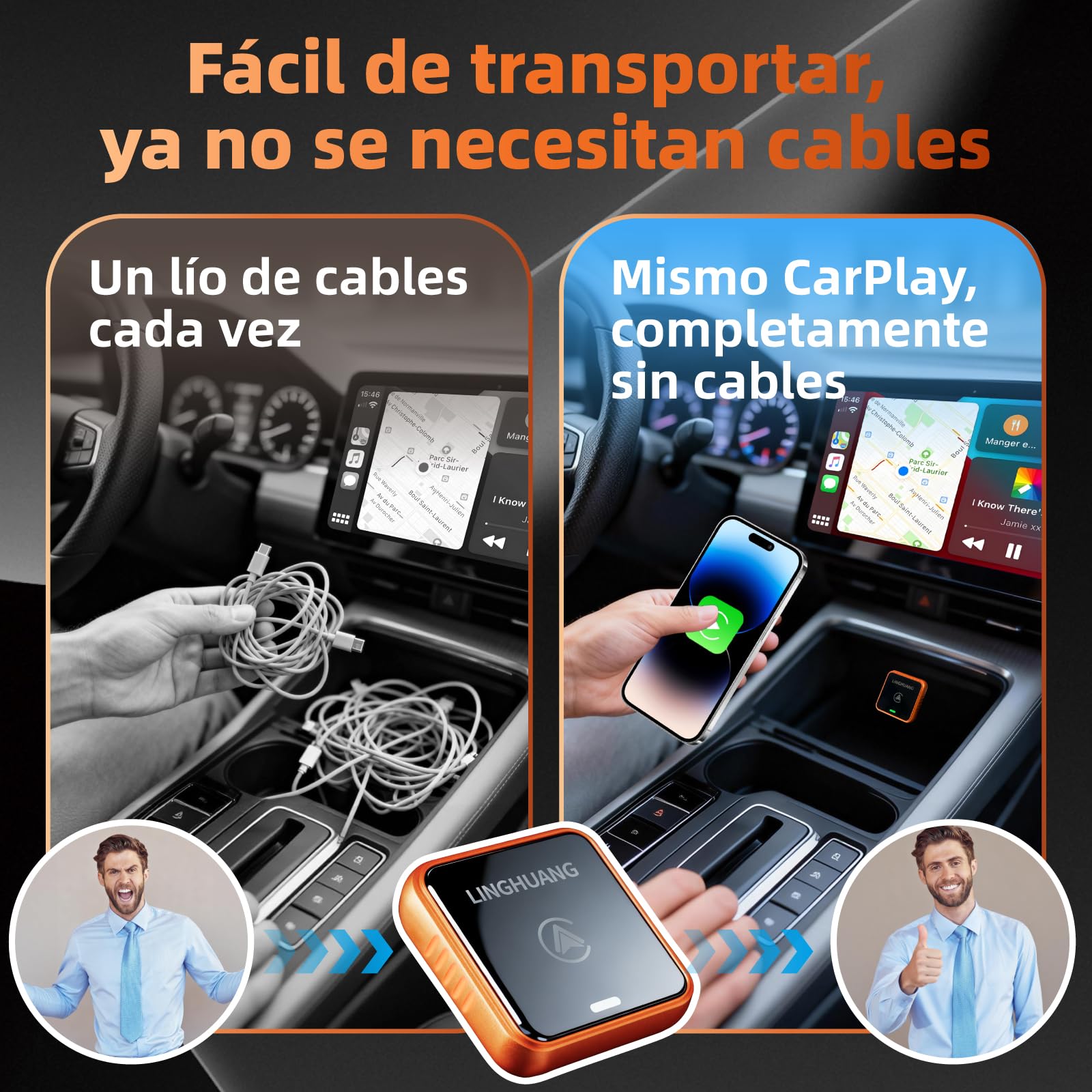 LINGHUANG Adaptador Carplay Inalambrico & Adaptador Android Auto Inalambrico, Convierte de Cableado a Inalámbrico, Plug & Play, Conexión Rápida y Estable, Compatible con iOS 10+ & Android 11+(Naranja)