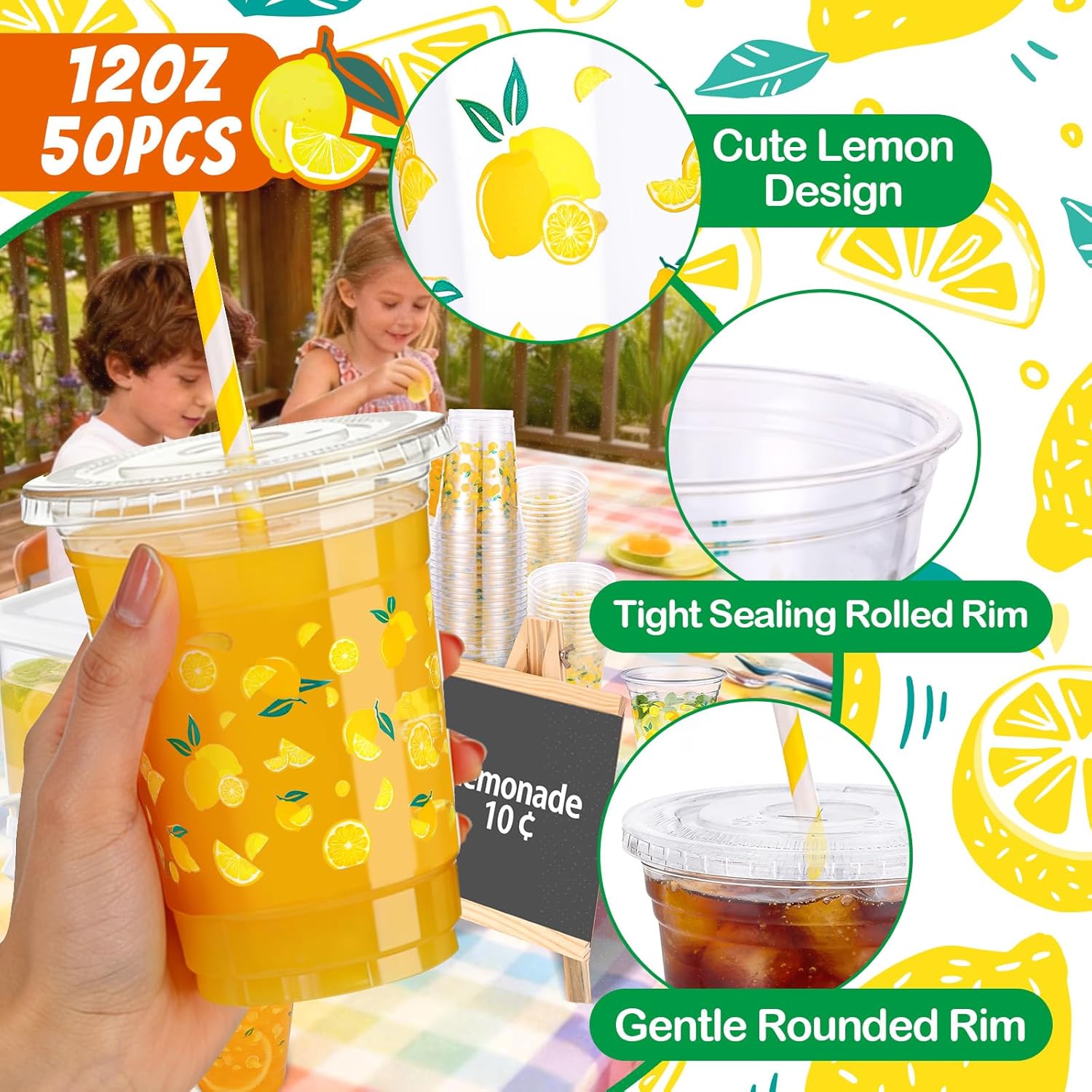 155 Pcs Lemonade Stand Supplies include 2 Pack 3.4 Gallon Drink Dispenser with Spigot,50 Sets 12oz Lemonade Disposable Cup with Lids Straws and Lemonade Banners, Blackboard