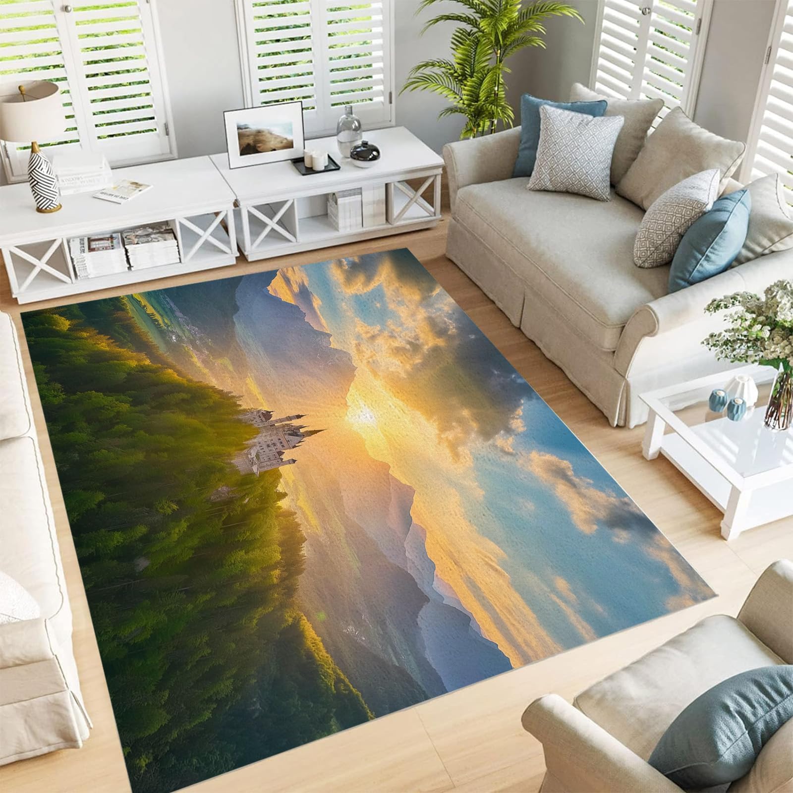 Tapis de salon lavable pour chambre ambiance coucher de soleil de montagne