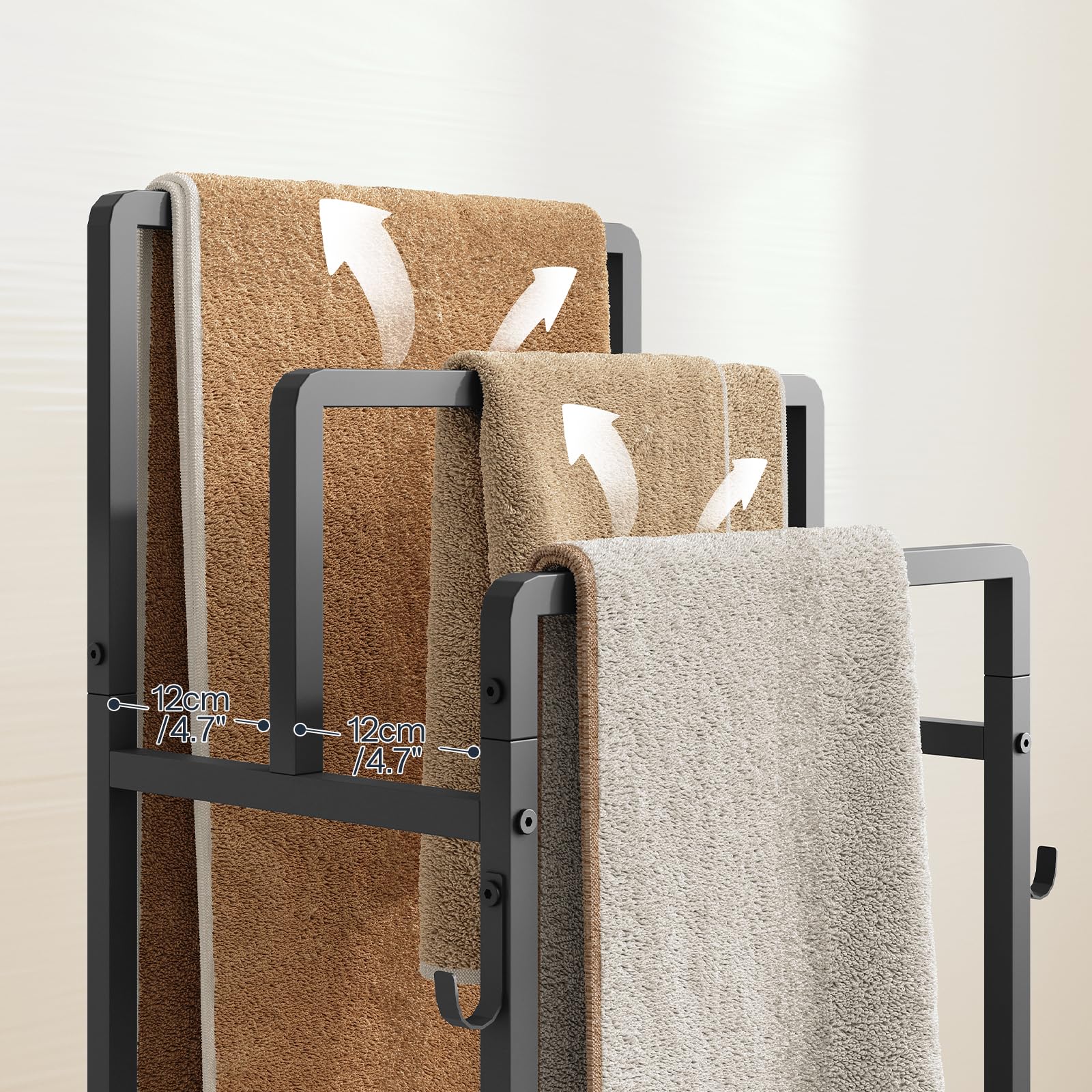 HOOBRO Porte-Serviettes sur Pied avec 3 Barres Métalliques, Panier de Rangement et Étagère, Porte-Couverture avec 1 Crochet, pour Salle de Bain, Buanderie, Marron Rustique et Noir EBF13LB01