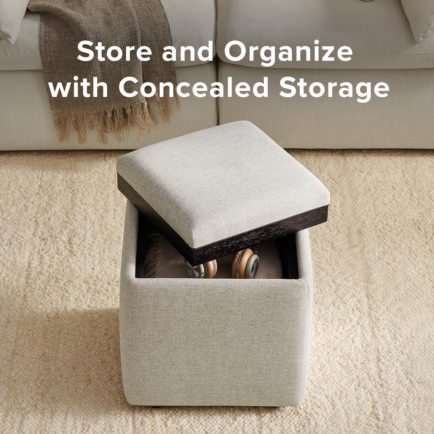 mopio Levi Storage Ottoman with Reversible Tray, Modern Square Chest Coffee Table, Upholstered Cube Sitting Foot Stools Ottoman for Living Room, Bedroom, Entryway (Fabric, Light Gray)