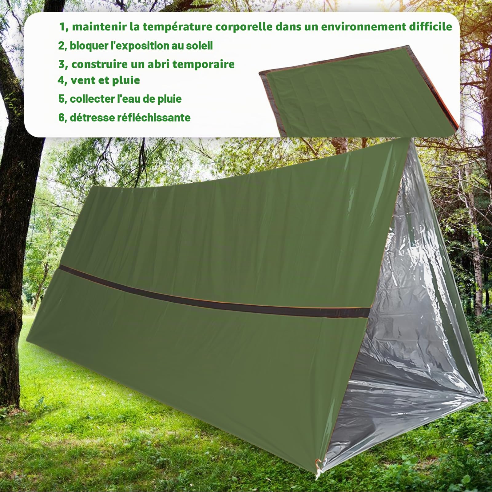 Sac de bivouac d'urgence réutilisable, tente d'urgence avec sac de transport & sifflet de signalisation & poncho de pluie d'urgence, tente de sauvetage pour camping, randonnée, premiers