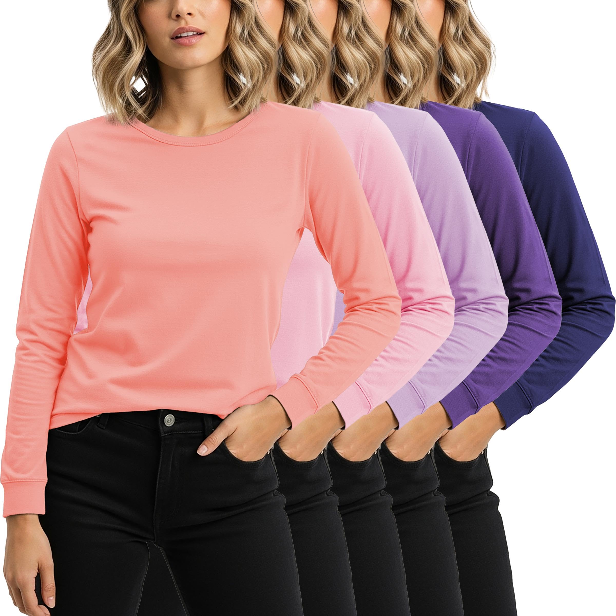 Women's Cotton Stretch Athletic T-Shirt | Long Sleeve Tops |Multi Packs Colors
