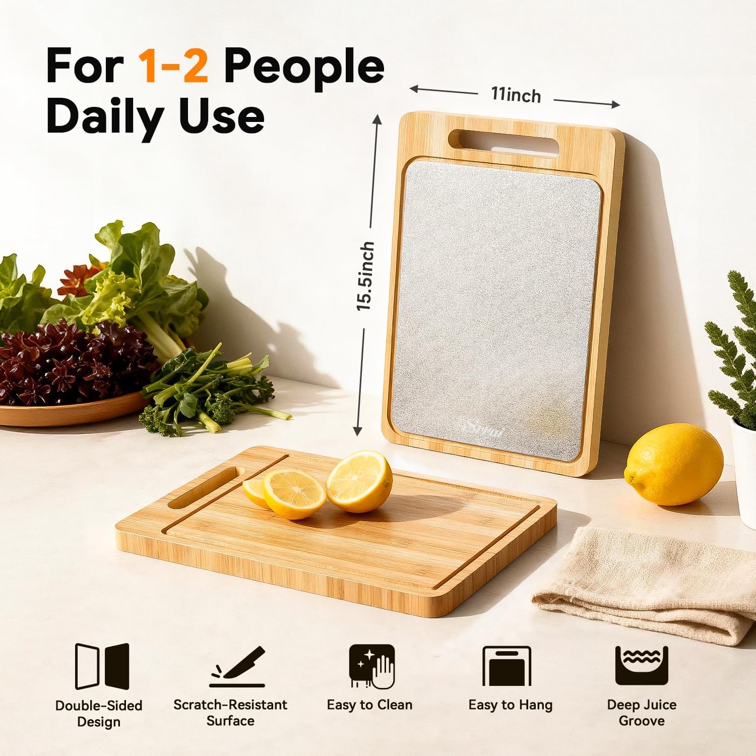 Cutting Board – Reversible Bamboo and Stainless Steel Cutting Boards for Kitchen, Bamboo Cutting Boards with Juice Groove and Handle, Versatile Board for Meat and Vegetables