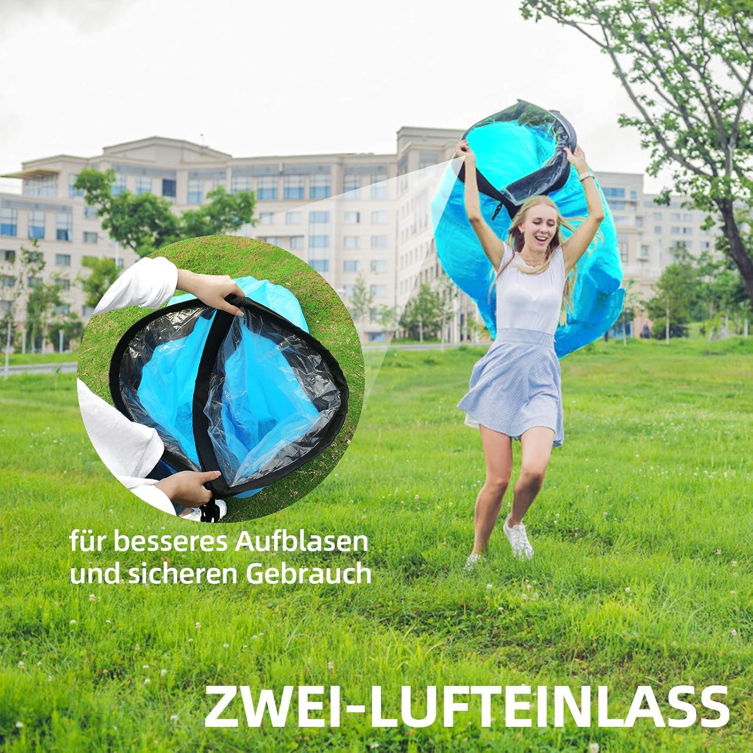 AngLink Luftsofa mit Kopfstütze, aufblasbares Sofa, wasserdichter Air Lounger ohne Pumpe mit 2 Lufteinlässen, bis 200 kg, 2 Seitentaschen und Tragebeutel für Camping, Park und Strand,Blau