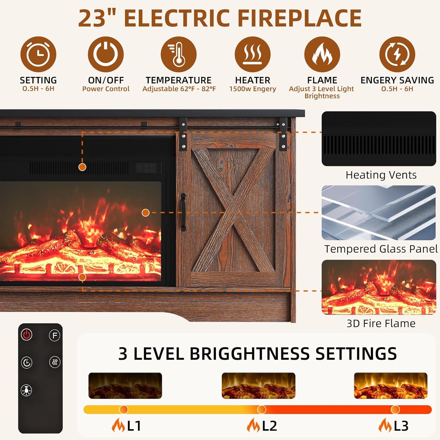 4 EVER WINNER Fireplace TV Stand with Fireplace, Sliding Barn Door, Adjustable Storage Cabinets, Farmhouse Entertainment Center with Fireplace for 65" TV, TV Stands for Living Room, Brown & Black