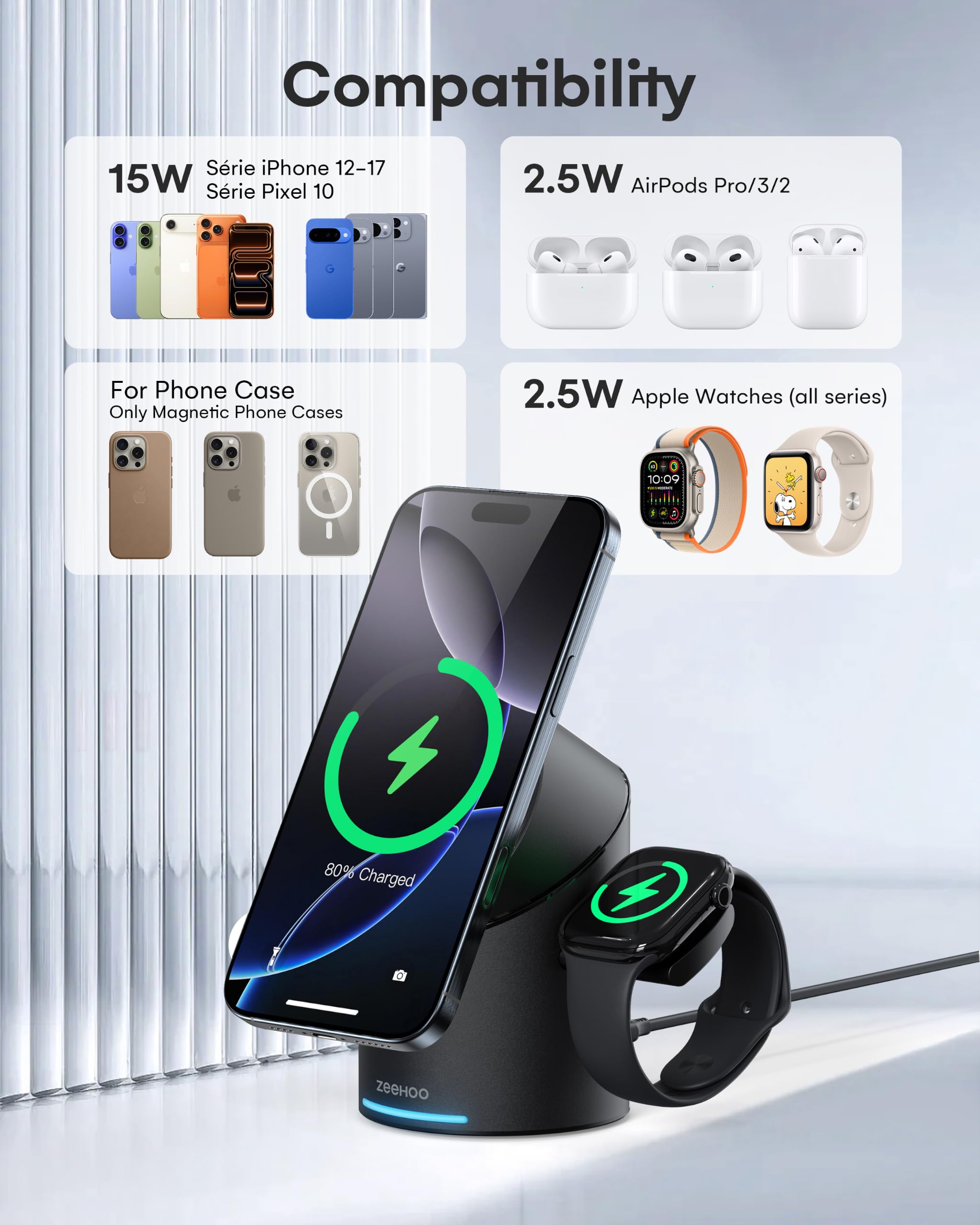 ZEEHOO Chargeur Induction pour iPhone Wireless Charger, 15 W Station de Charge Apple, Chargeur sans Fil 3 en 1 pour Apple Watch, iPhone, AirPods (Noir)