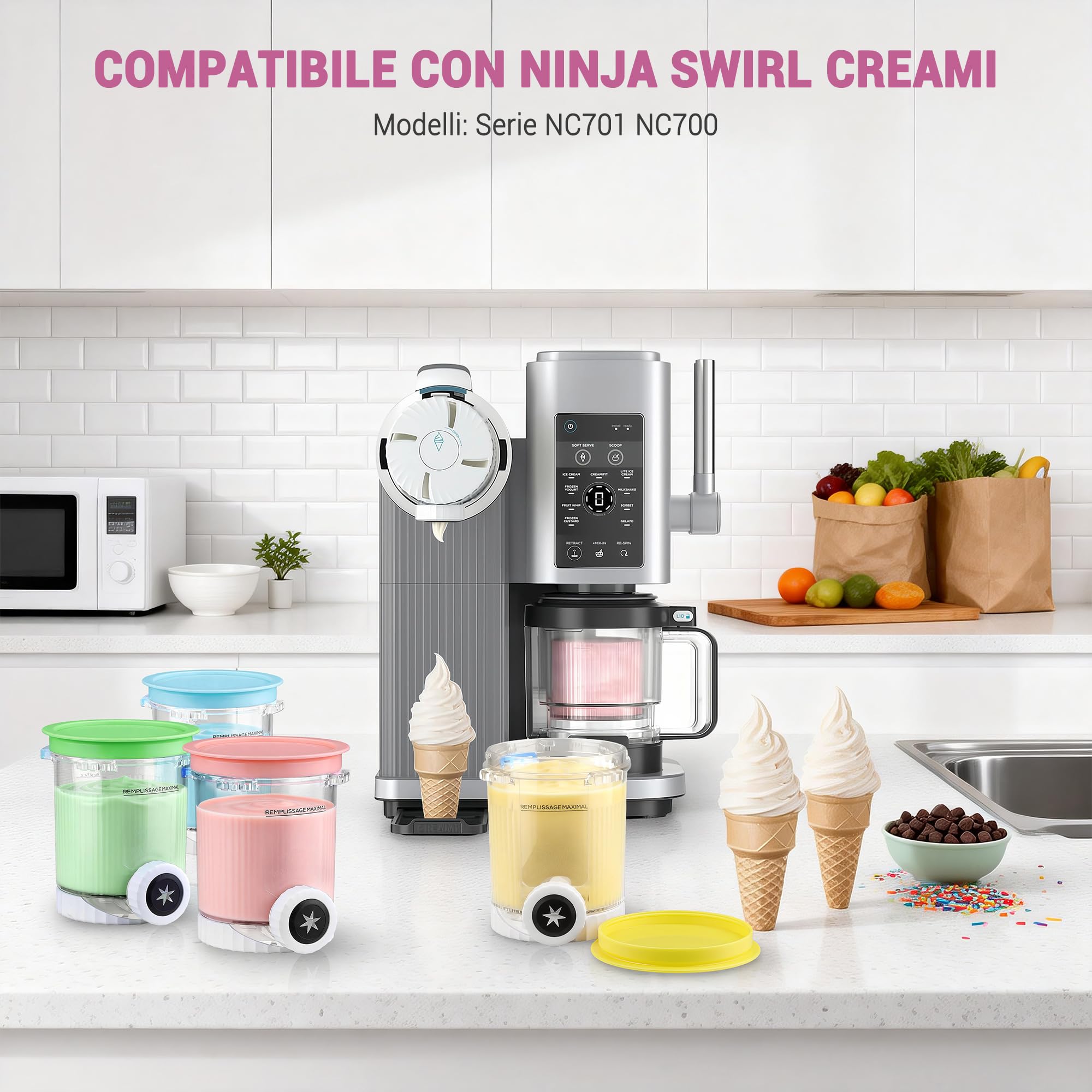 4 Contenitori compatibili con Ninja Cream, Accessori per i Modelli NC701EU/NC700, Senza BPA, Lavabile in Lavastoviglie, con Coperchi Ermetici - Ricambi per Macchina del Gelato per Ninja