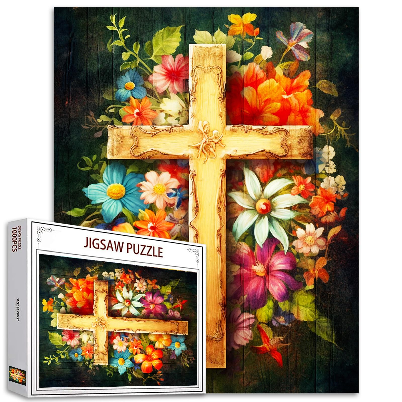 1000 Piece Cross Jigsaw Puzzles for Adults Flowers Cross Puzzles Christian Puzzle Vintage Art Wall Decor DIY Handwork Puzzle Gifts Challenging Family Activity for Game Nights