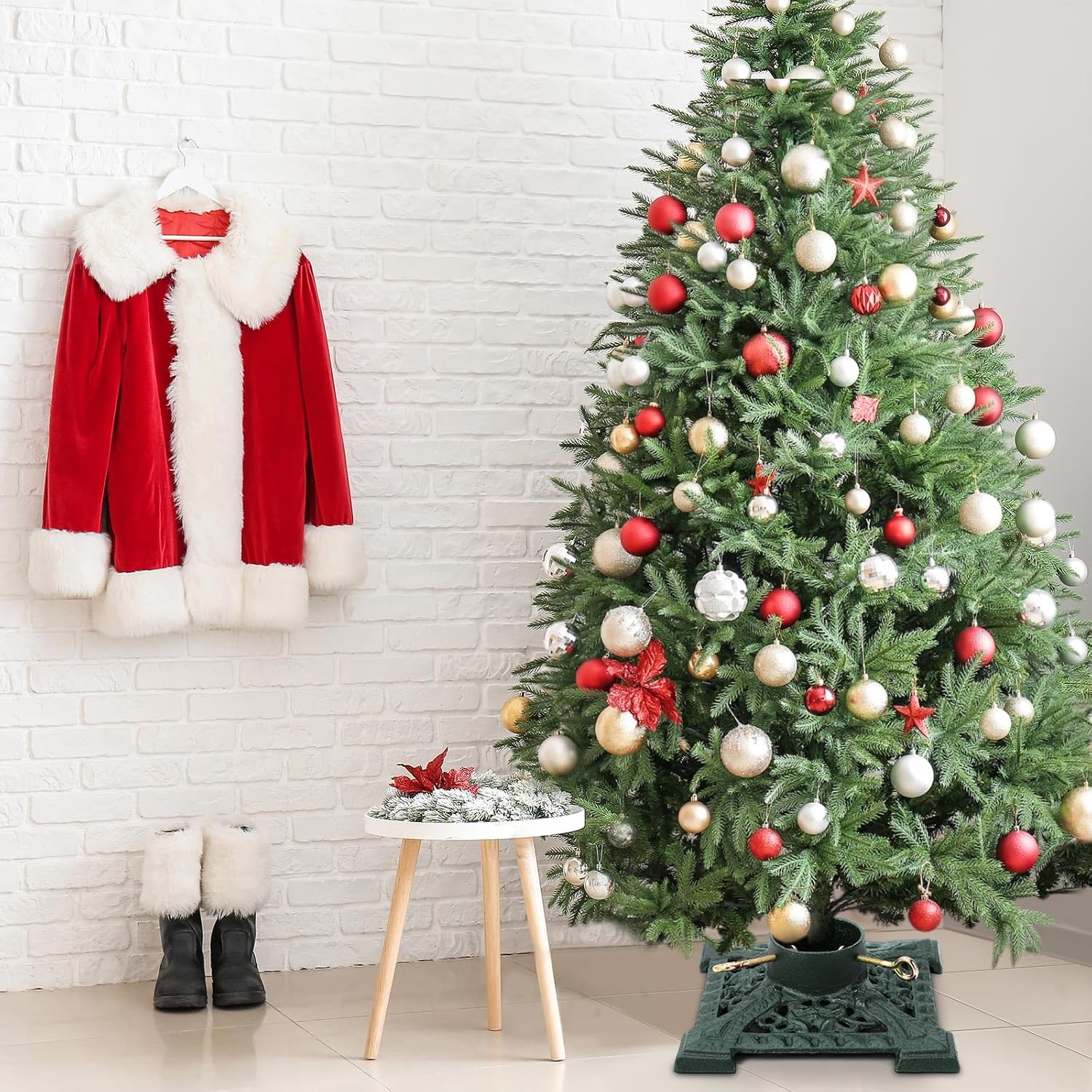 Huwena Christmas Tree Stand with Water Reservoir 8ft Christmas Tree Holder Real Xmas Artificial Trunks Stand Fits Up to 5" Pine Holder Base Cast Iron for Xmas(Green,11.42''x11.42''x3.74'',Elegant)