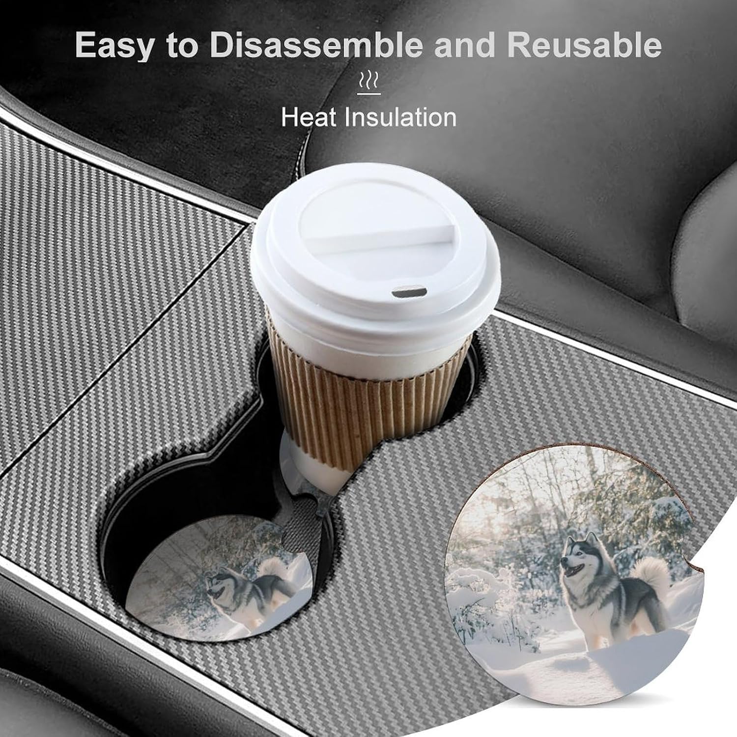 Alaskan Malamute Dog Winter Sun Car Cup Holder Coaster with Cork Base 2.6 Inches Anti Slip