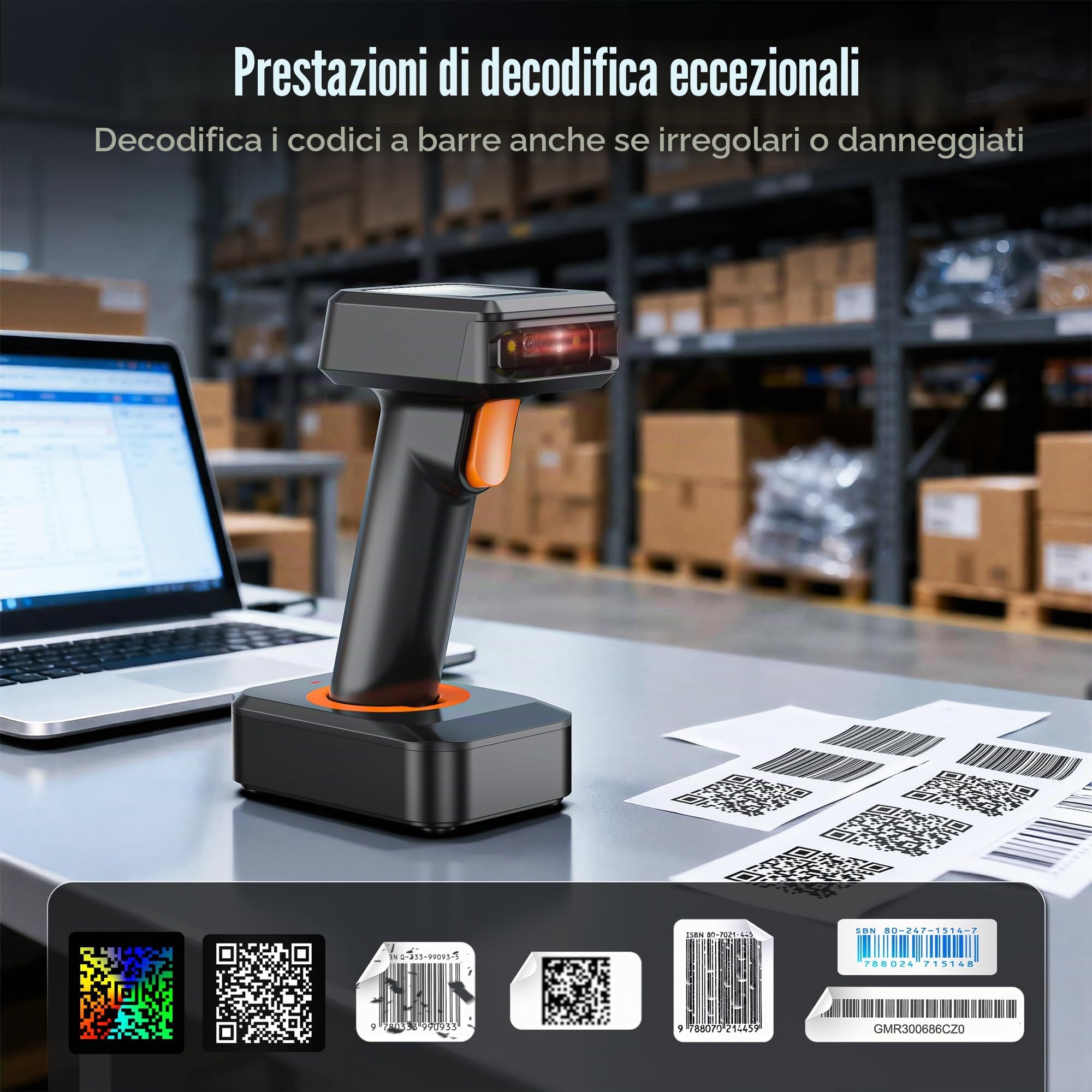 Tera 1D 2D QR Barcode Scanner con Stazione di Ricarica e Display Bluetooth e wireless 2.4Ghz Prefisso e suffisso dell'ora schermo, HW0006