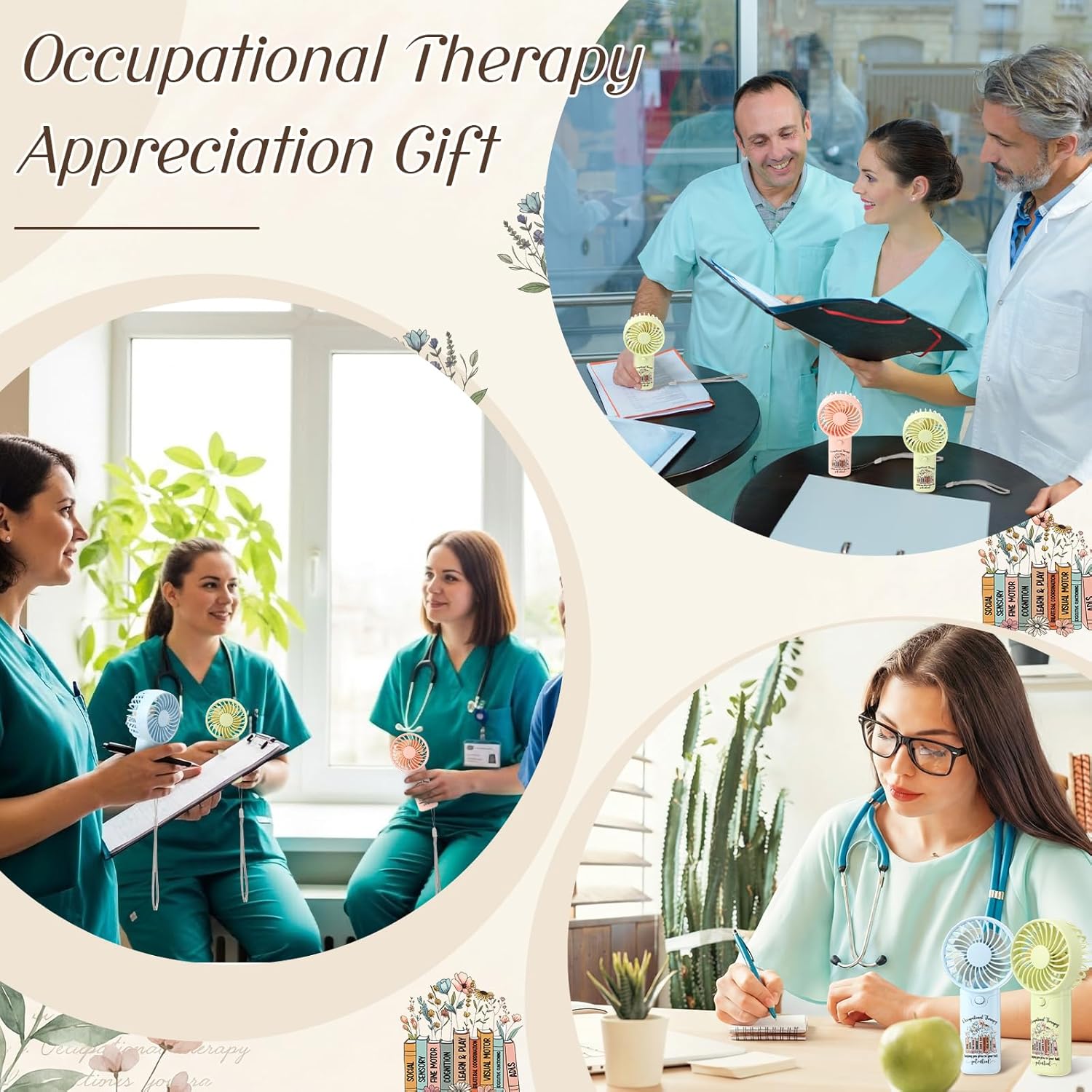 Fumete 12 Pcs Occupational Therapy Gifts Bulk Mini Portable Handheld Fans Battery Operated Florals OT Personal Fan Occupational Therapy Month Appreciation Gifts for OT Therapist Assistant Women