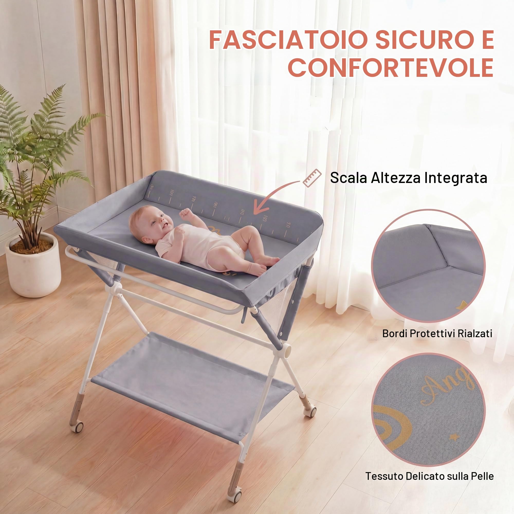 LIFEZEAL Fasciatoio Neonato, con Cestino Portaoggetti, Cintura di Sicurezza e Ruote, Regolabile in Altezza con Cesto Portaoggetti, per Bambini 0-12 Mesi, Portata 11 kg (grigio)