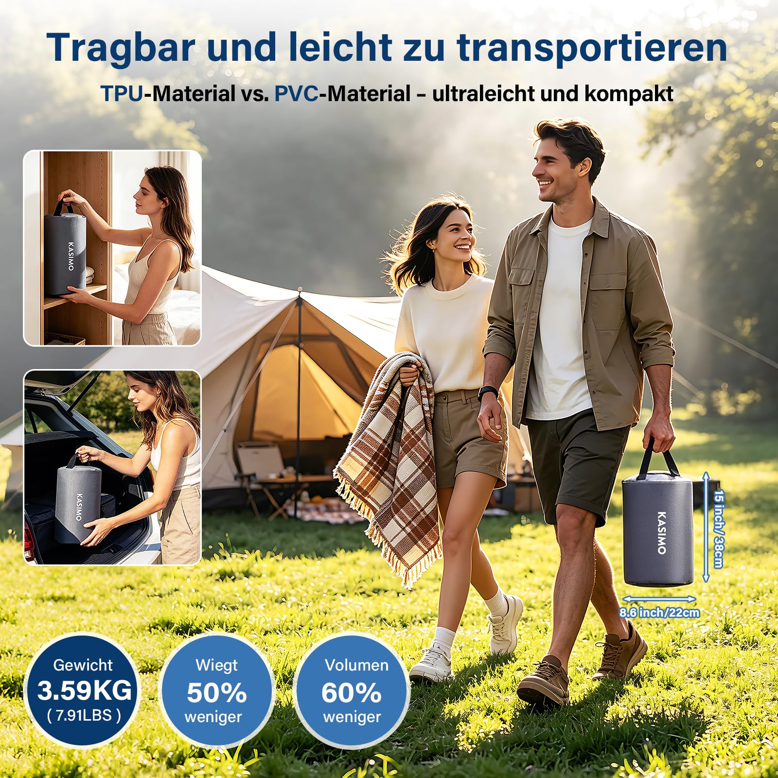 KASIMO TPU Luftmatratze selbstaufblasend, Luftbett 2 Personen, Gästebett mit integrierter Elektrischer Pumpe, aufblasbare matratze mit Kissen, luftmatratze 190x150x22cm für Gäste zu Hause und Camping