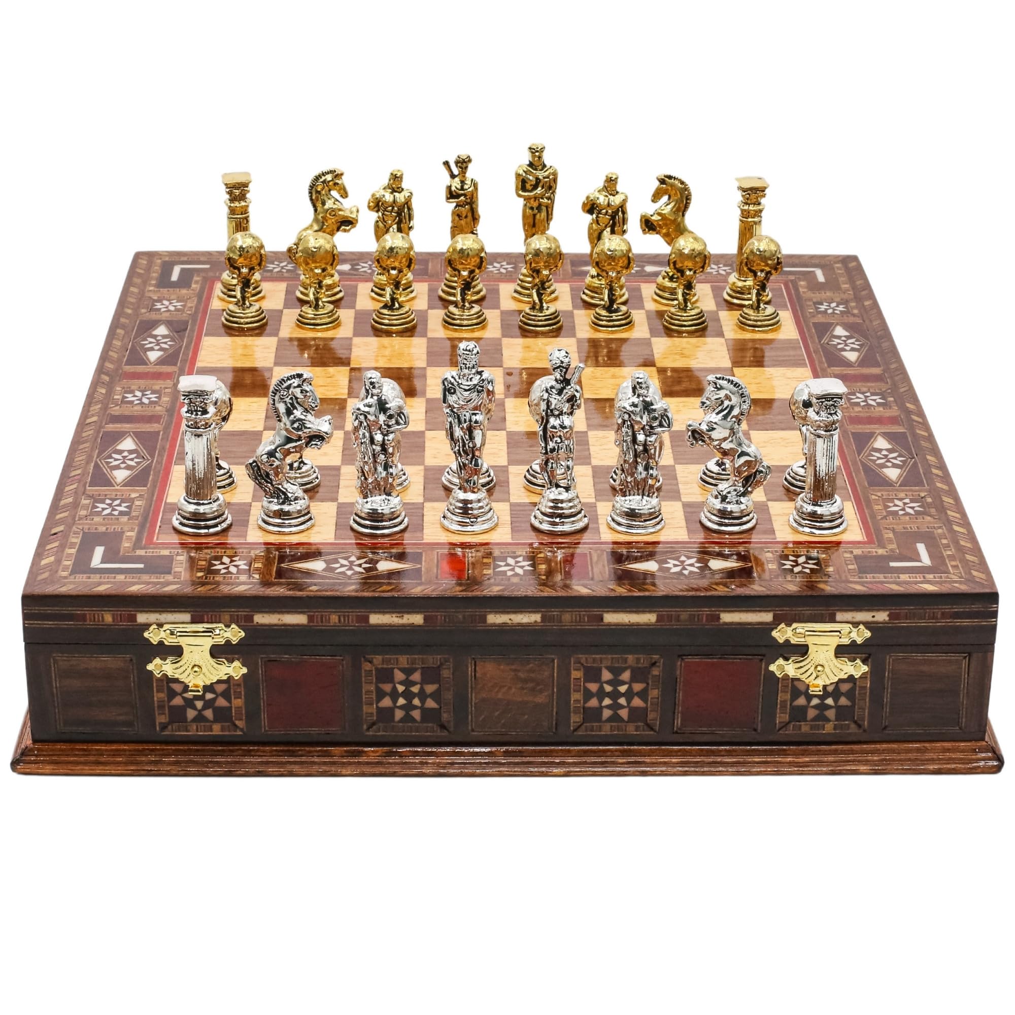 Handmade Storage Chess Set with Greek Mythology Hercules Pieces | 12 Inch (30 Cm) | Historical Die Cast Metal Chessmen & Solid Wood Board