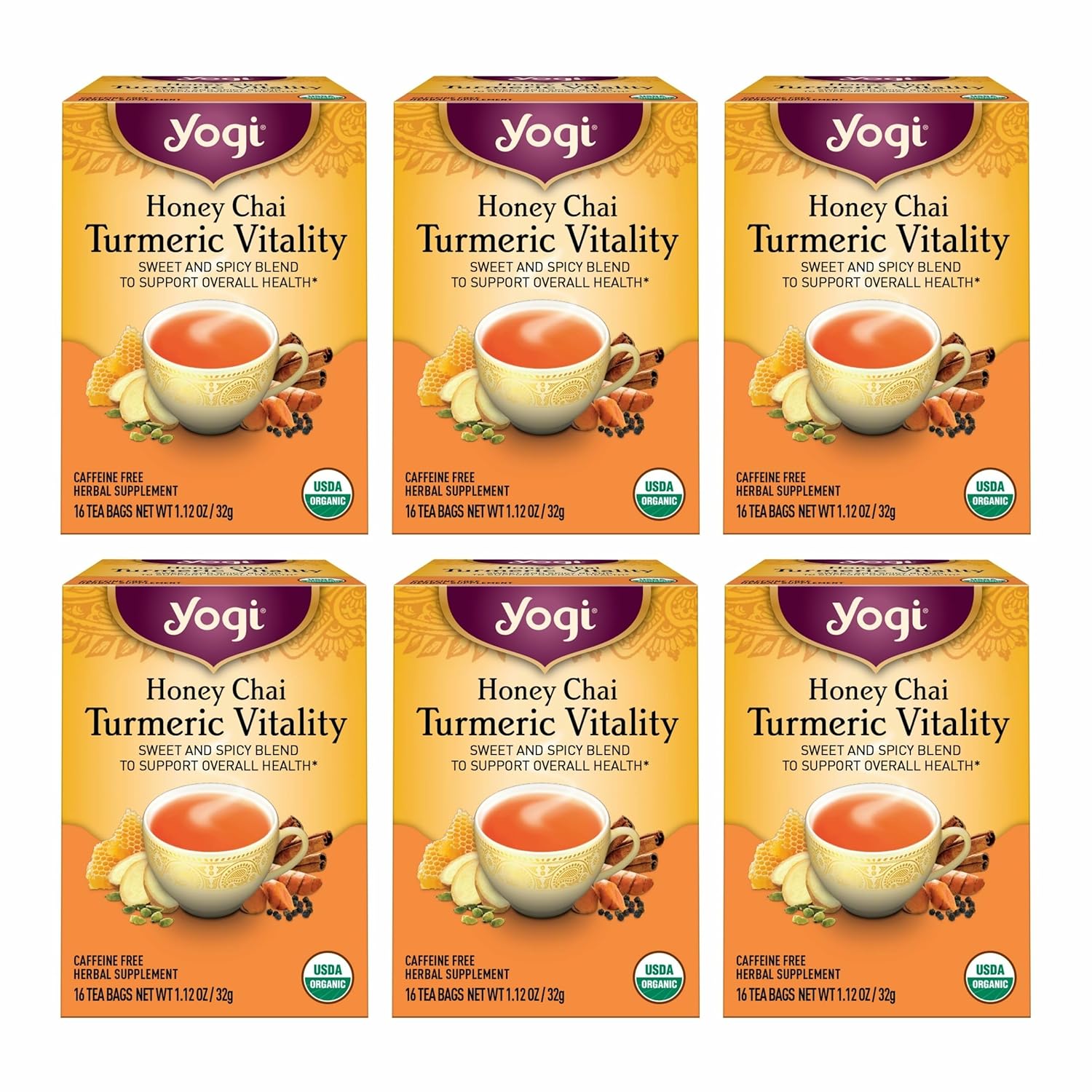 Yogi Tea Honey Chai Turmeric Vitality Tea - 16 Tea Bags per Pack (6 Packs) - Organic Tea to Support Overall Health - Includes Cinnamon Bark, Turmeric Root, Cardamom Pod, Ginger Root & More