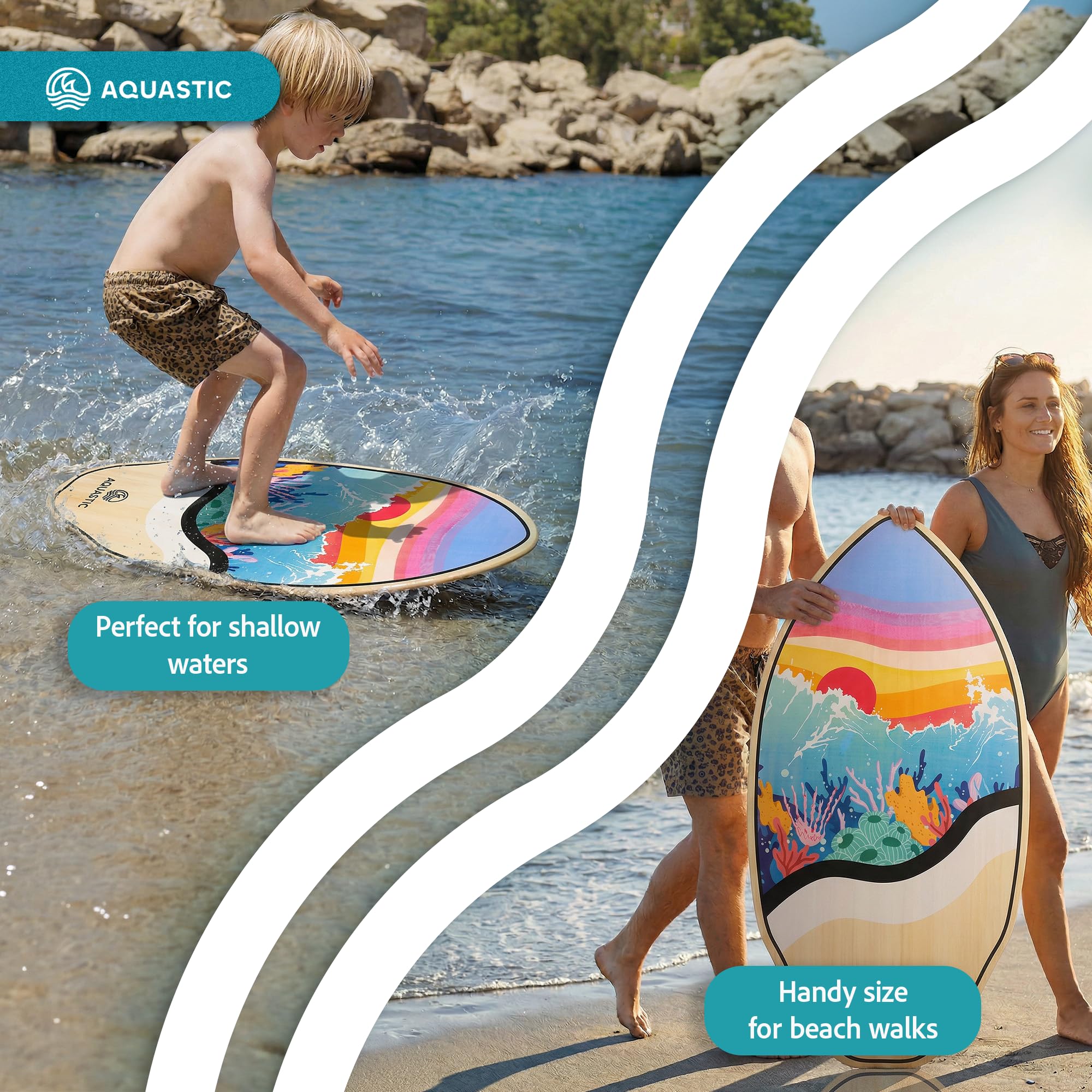 AQUASTIC Lagoon 39" Skimboard ze sklejki topolowej, 99 x 49 cm, do 100 kg, kolorowa deska dla początkujących i zaawansowanych