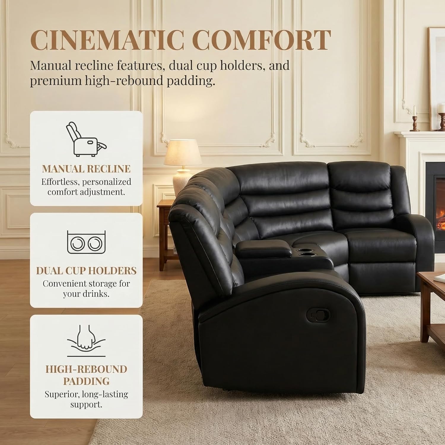 Black Manual Reclining Sectional Sofa, 5-Seater Recliner Sectional Sofa, Living Room Furniture Sets with Adjustable Chair,Manual Recliner Couch Set with Storage, Cup Holders for Home/Office