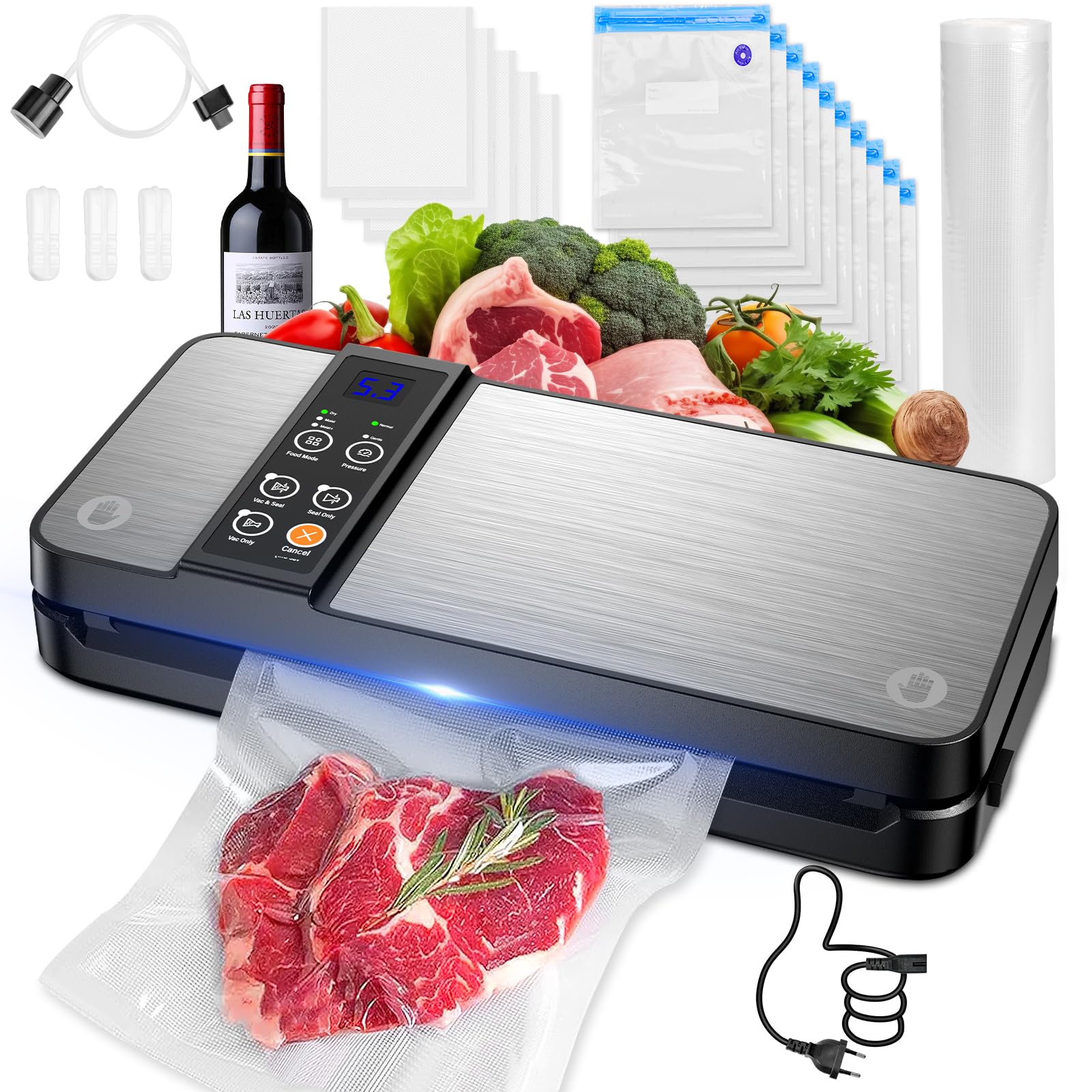 Envasadora al Vacio Domestica,80KPA Domestica 8-en-1 Maquina Envasar al Vacío Profesional Modos de Alimentos Seco y húmedos,cortador de pasta incorporado,10 bolsas de envasado al vacío (Plateado)