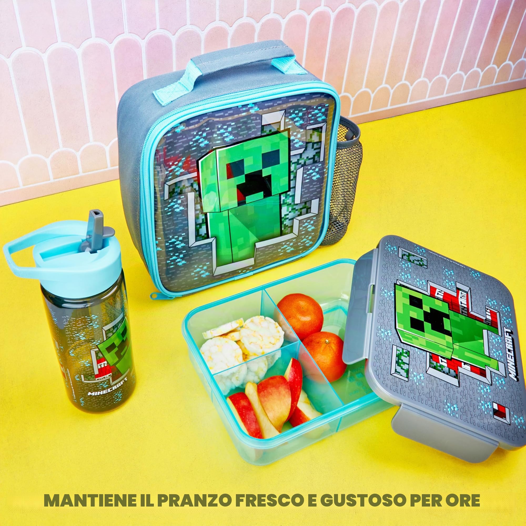 Get Trend Minecraft Borraccia, Borsa Porta Pranzo e Porta Merenda Bambini, 3Pz Set, Materiale Scolastico, Portamerenda BPA Gratuito, A Prova di Perdite (Multi Minecraft)