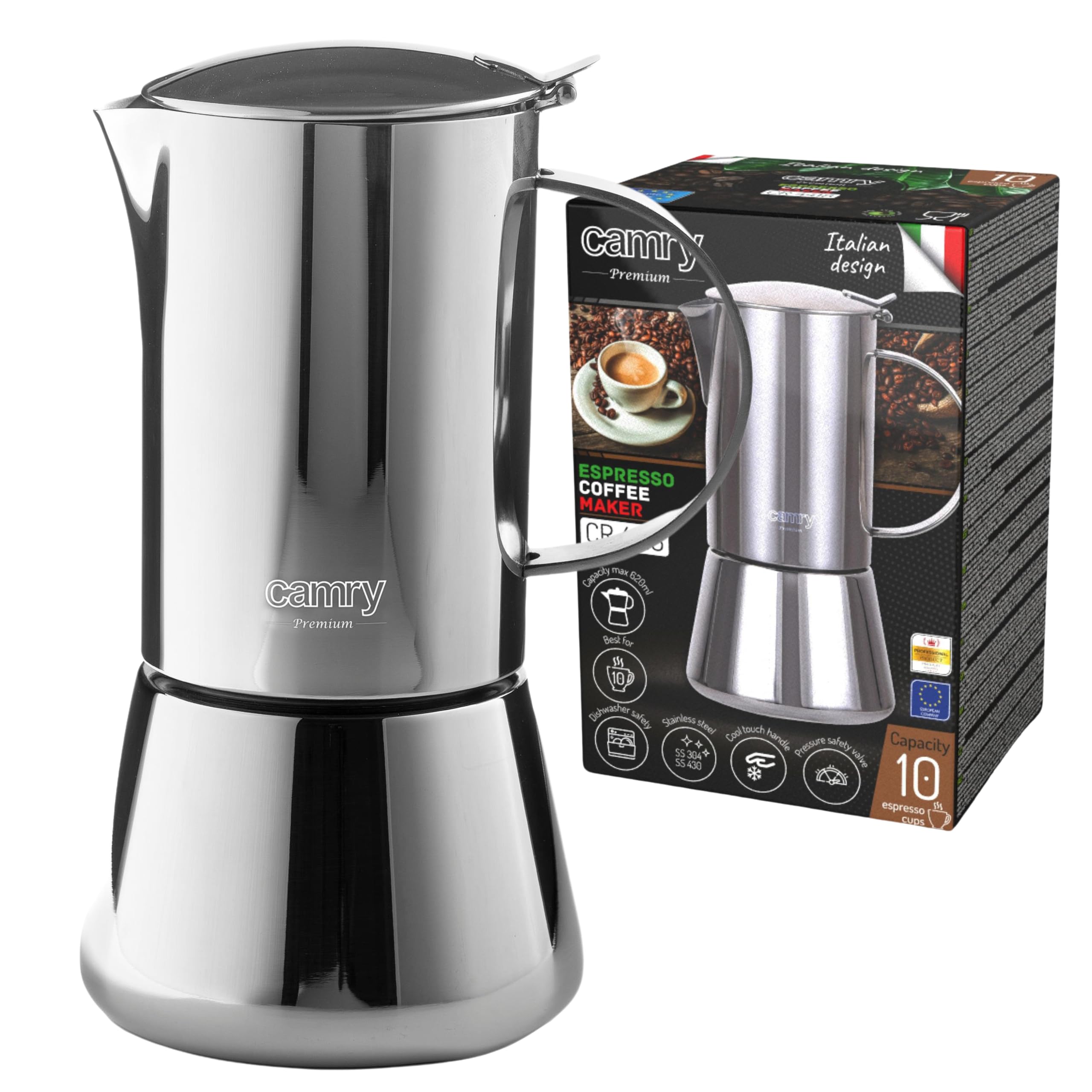 CAMRY Cafetera de inducción de acero inoxidable para 6 tazas, cafetera de inducción Moka Pot de 350 ml, cafetera clásica para espresso aromático, apta para todo tipo de fuegos