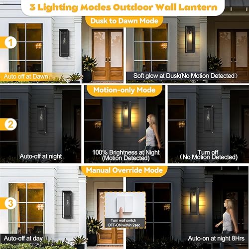 Miniatura 5 de Paquete de 2 lámparas de pared con sensor de movimiento para exteriores, lámpara moderna de 15 pulgadas, lámpara de porche de atardecer a amanecer,