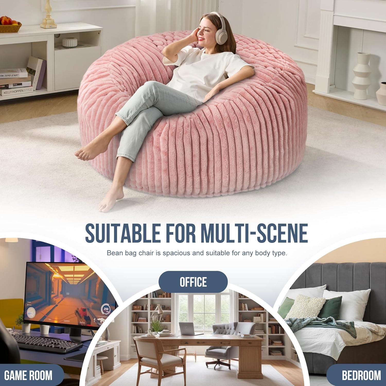 5ft Bean Bag Chairs for Adults Large Beanbag Chair with Stripe Plush Cover Big Bean Bag Chair for Living Room Bedroom Dorm Office - Image 7