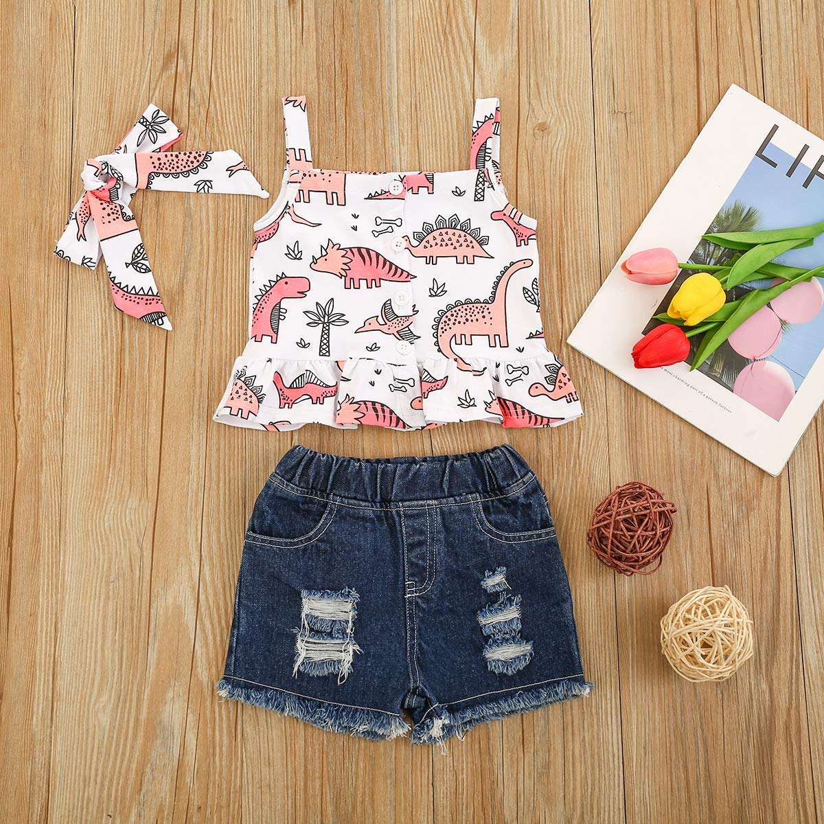 FYBITBO Toddler Baby Girls Summer Clothing Sleeveless Cami Crop Tops+Jeans Shorts 2Pcs Clothes Outfit Set (Dinosaur Top, 2-3T)