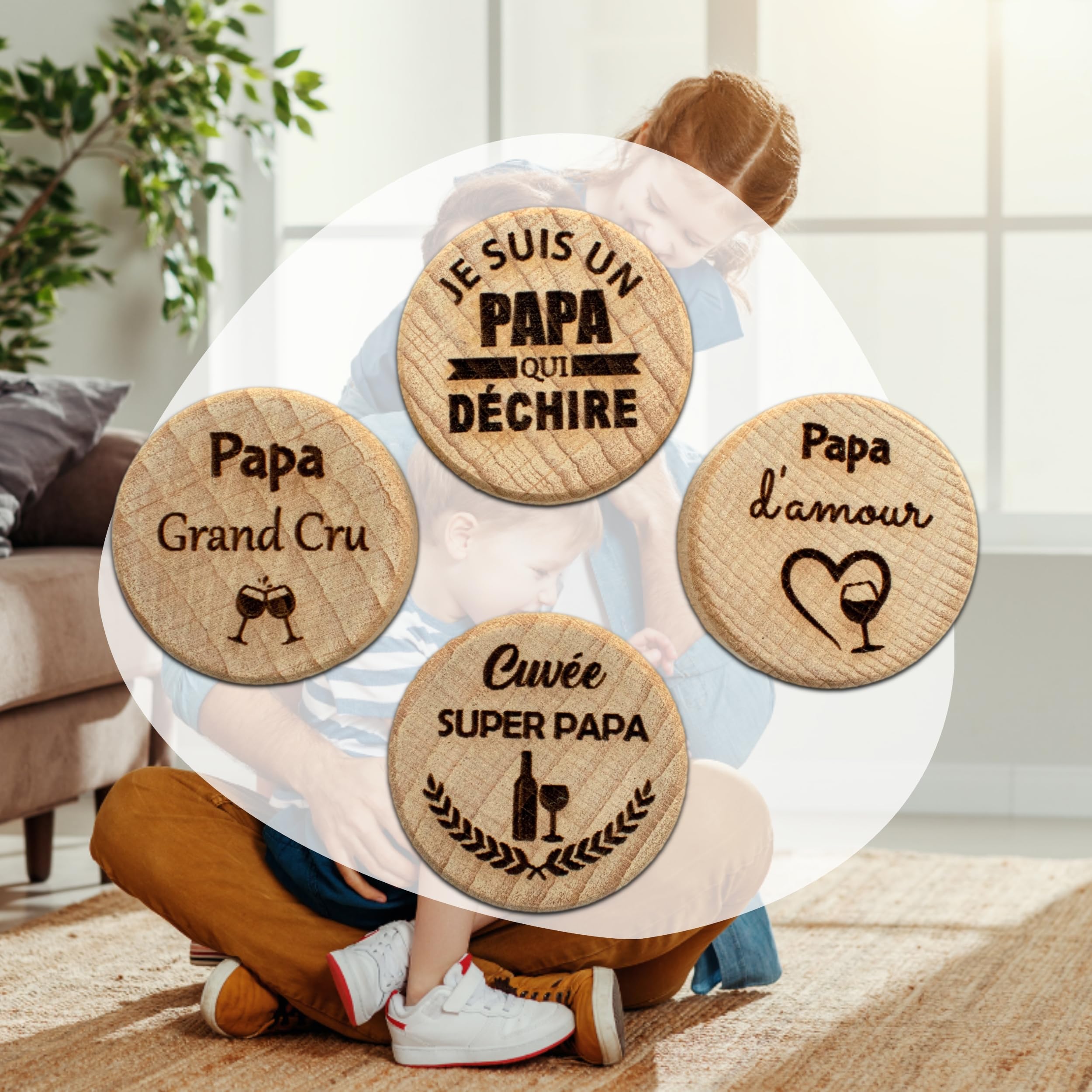 Lot de 4 Bouchons Papa personnalisés - Cadeau fête des pères - Idée Cadeau Homme - Accessoire vin