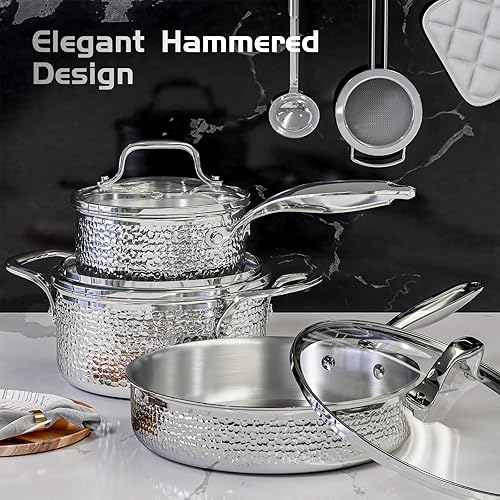 Miniatura 7 de Juego de ollas y sartenes de acero inoxidable con tapa de vidrio, juego de 6 utensilios de cocina martillados, juego de ollas y sartenes de