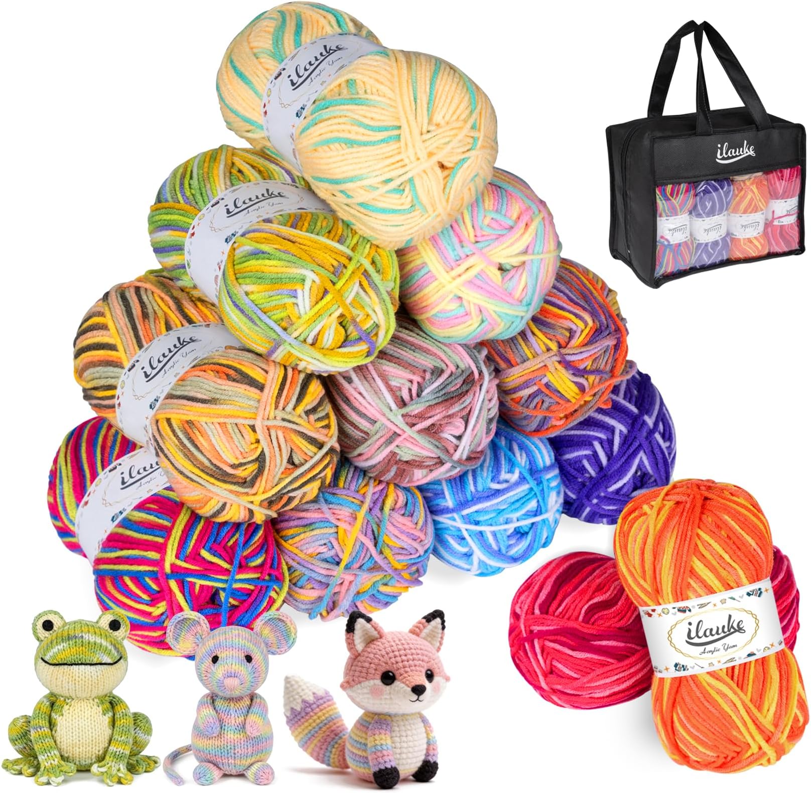 ilauke 600G (50Gx12) Wool for Crochet, Double Knitting Wool, Soft and Warm Dk Yarn, Multicoloured Acrylic Yarn, Weaving, DIY Craft Projects, Blankets, Bags