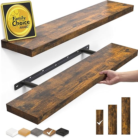 BAYKA Floating Shelves Set of 2, 22.5" Rustic Wood Wall Mounted Shelves for Bathroom, Bedroom, Living Room, Kitchen & Office, Hanging Display Shelf with 22 lbs Capacity (Rustic Brown)